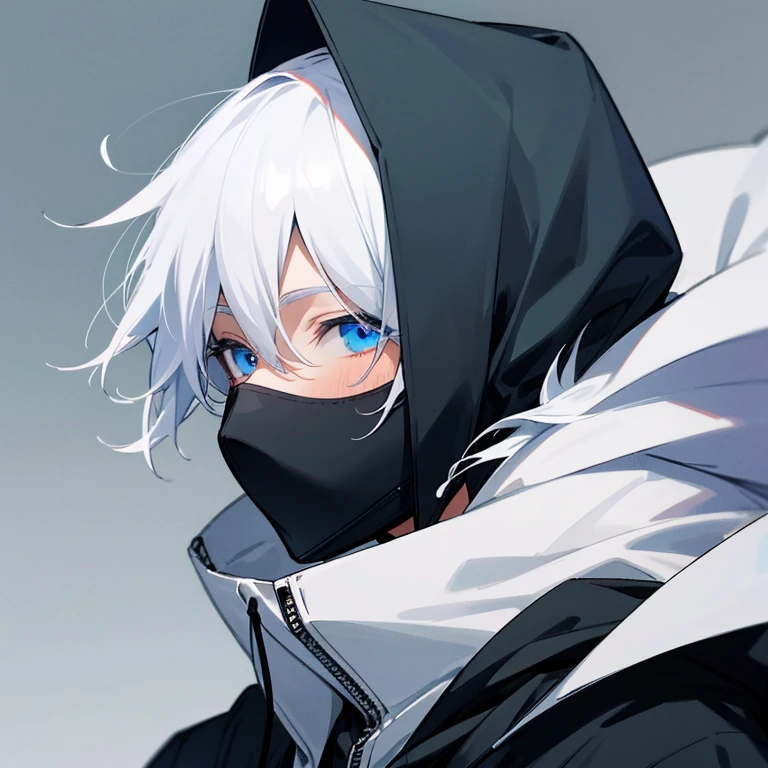 anonymous anime profile picture, No face , No light, Gray hoodie,hooded anime boy, Anime Boy, Masked face, close up of face, mouth with black mask,Blue eyes，white  hair
