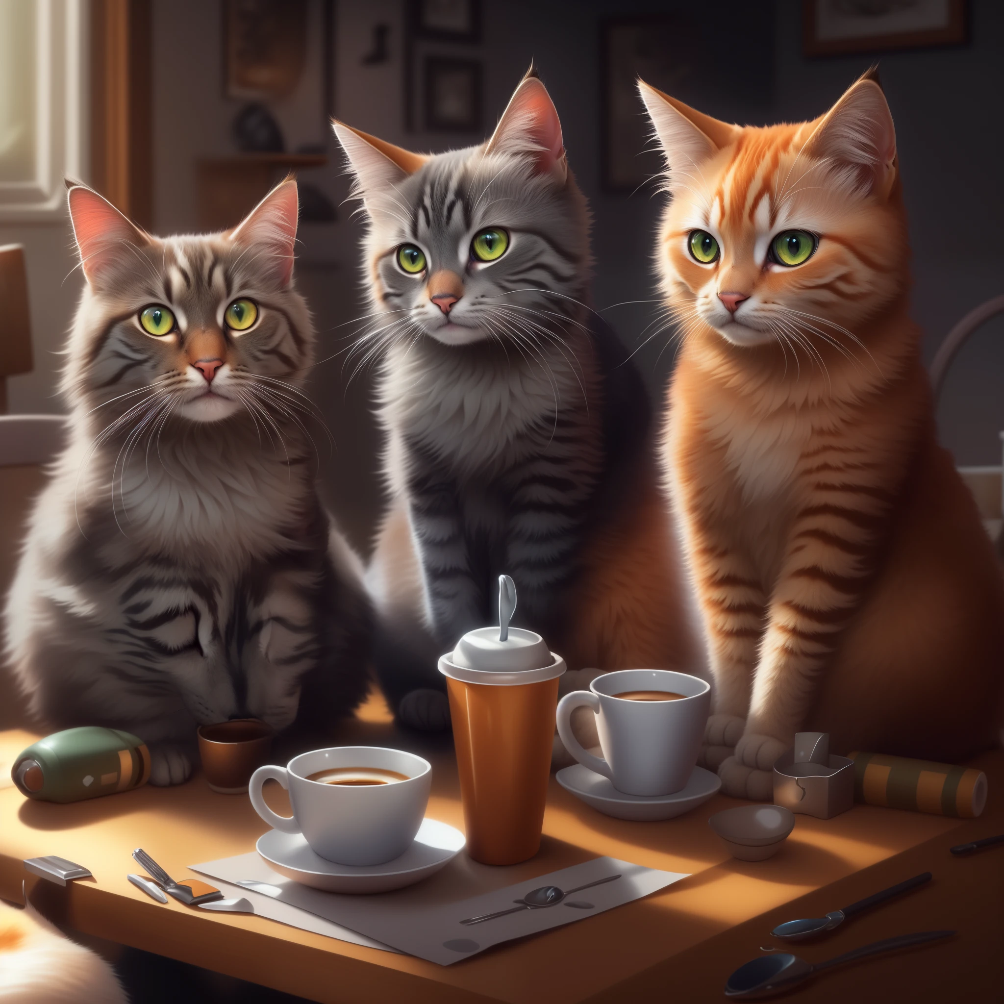 There are four cats sitting at a table，With a cup of coffee in his hand, lovely digital painting, Surreal 3D illustration, Cute and detailed digital art, alexey egorov, adorable digital art, stunning digital illustration, Alexander Kucharsky, Cute 3d rendering, Hyper-realistic illustration, Realistic illustration, Hyper-realistic illustration, 4k highly detailed digital art, Hyper-realistic picture