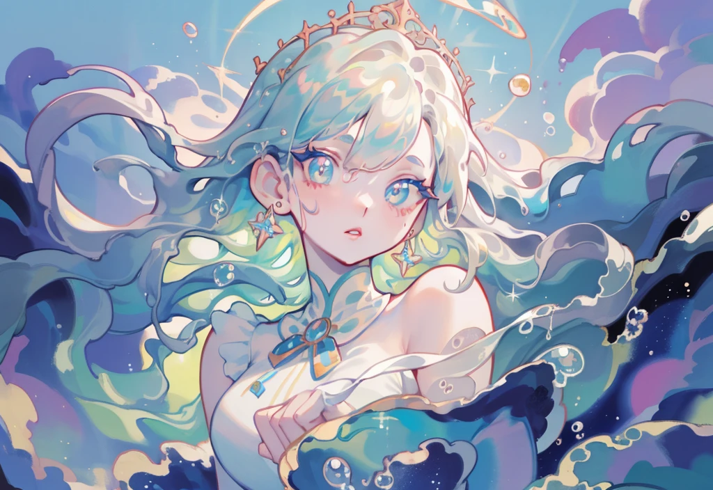 Masterpiece, Best Quality, 8K resolution, sharp-focus, intricate detials, handsome girl, Sparkling eyes, golden ratio face, Otherworldly Liquid, watercolour, pastel colours, Bright colors, whimsical, Colorful, sharp-focus, High Resolution, finely detail, Liquid ball gown, ((Round Eyes))