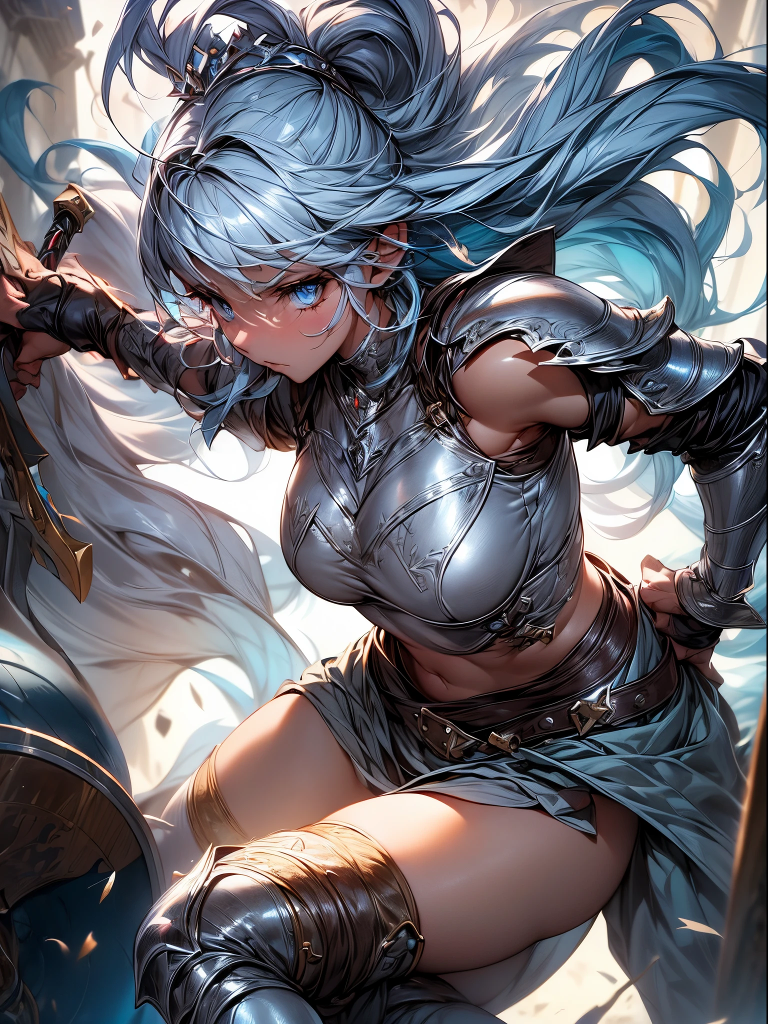 Absurdres ,1 girl,Serious,Silver hair,woman worrier ,Wolf ears,Blue eyes,Abs,muscular,Warrior Princess in Armor,
metallic armor with a breastplate,Leather skirt, leggings, and knee-high boots,Large battle axe and shield,
Crown,BREAK,(assaulting pose,cinematic angle:1.3),best quality,insanely detailed,Hyper realistic, Perfect Anatomy,perfect 5 fingers,vibrant colors,amazing,super fine illustration