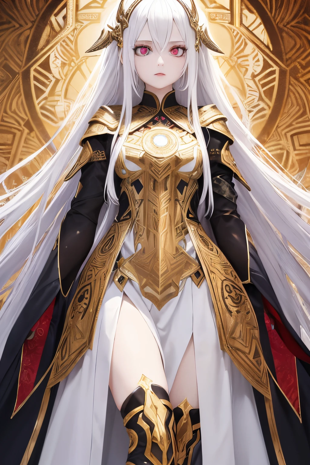 girl, long white hair, pale skin, a runic circle above her head, golden eyes with geometric figures in the pupil, metal armor with red luminous veins in the form of a white Gothic dress with gold inserts and metal patterns.