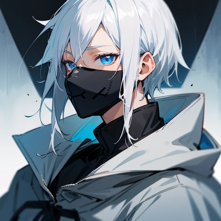 anime profile picture, No face , No light, Gray hoodie,hooded anime boy, Anime Boy, Masked face, close up of face, mouth with black mask,Blue eyes,white hair
