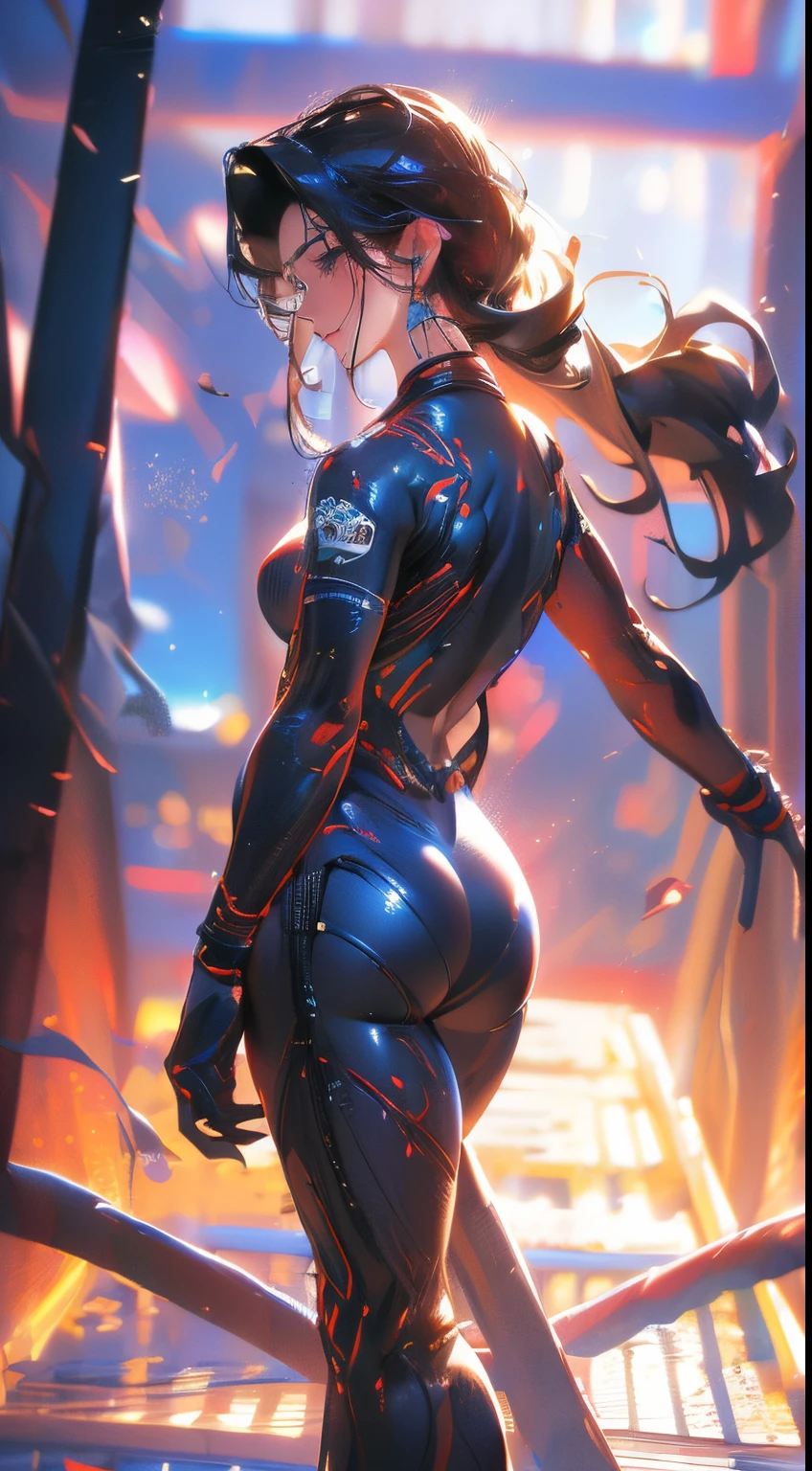 (best quality,4k,8k,highres,masterpiece:1.2),ultra-detailed,(realistic,photorealistic,photo-realistic:1.37),Anime style,20-year-old blonde woman,her back,colonial castle,sculptural body,red transparent dress,earrings