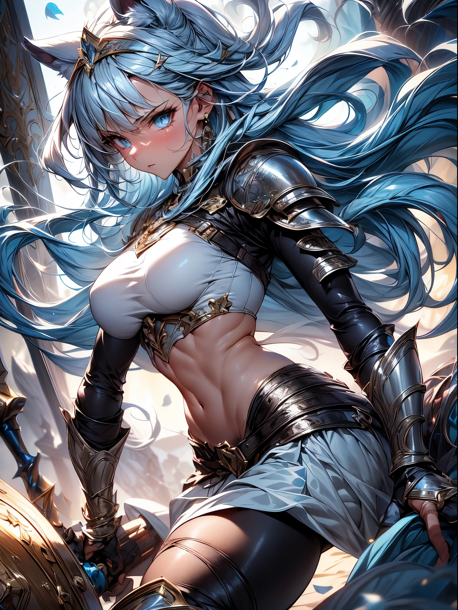 absurderes ,1 girl,Serious,Silver hair,worried woman ,Wolf ears,Blue eyes,Bikini Armor,Abs,muscular,Silver Gauntlet ,leather waist seat,BREAK,Dynamic Angle,Dynamic lighting,Wasteland,Fantasy,BREAK,(close range),(back view,From  below :1.2),looking back,Best Quality,Insanely detailed,Hyper realistic, Perfect Anatomy,Perfect five fingers,Vibrant colors,amazing,superfine illustration