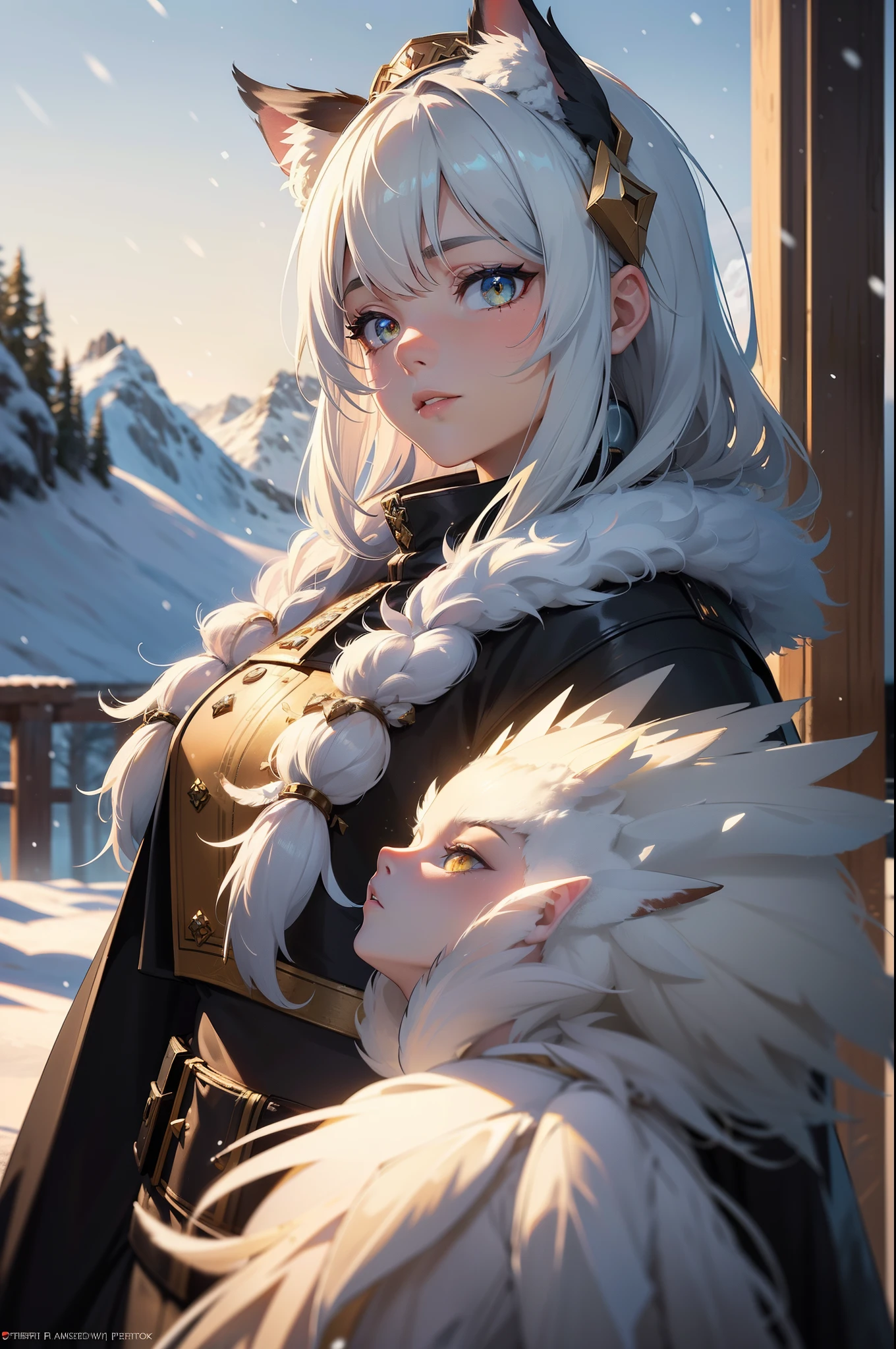 extreme quality, cg, detailed face+eyes, (bright colors), (anime), 1girl, impact, (winter), blizzard, time stop, sci fi, (tribal cat), (eskimo), animal ear fluff, fur trim, clouds, tan skin, (feather headdress), masterpiece, top tier, extravagant, 8k, unity wallpaper, unreal engine 5, ray tracing, 8k, cinematic, varied depth of field, octane render, elegant, tone mapping, hyper focus, parted lips, upperbody, (black), dappled sunlight, (snowing), nature, winter coat, upper body, (morning glow), lighthouse, gold eyes, horizon, picturesque scenery, mountain, forest, looking at viewer, (tundra)