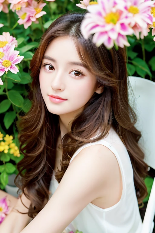 One girl, classical, long curly brown hair, beautiful eyes, high quality, white skin, sitting on a chair, surrounded by various flowers, low saturation, portrait, fine line drawing, fine detail, soft light –ar 5:7 –niji