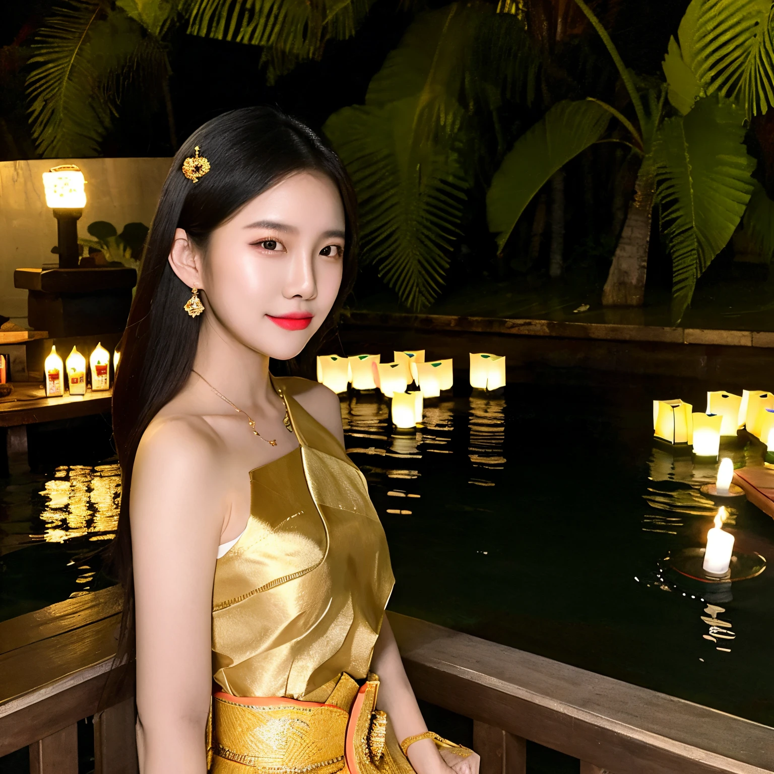 Masterpiece,araffe woman holding a lit candle in front of a body of water, tithi luadthong, anime thai girl, portrait shot, good lighted photo, floating lanterns, beautiful asian girl, Thai girl, beautiful asian woman, beautiful oriental woman, beautiful image, traditional beauty, 8 k sensual lighting, warm glow from the lights, Thai woman,Loy Krathong Festival,