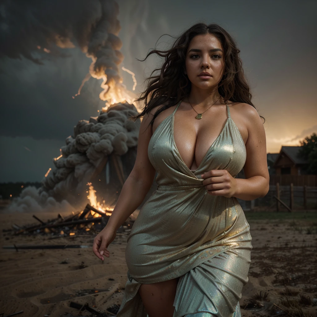 ((curvy woman running)), ((big curvy hips)), huge bonfire in background, lightening, stormy, tornado, smoky, blowing long curly hair, bright eyes, (glowing gold dress), powerful, 24mm, 4k, soft cinematic light, RAW photo, photorealism, photorealistic, intricate, elegant, highly detailed, sharp focus, ((cinematic look)), soothing tones, insane details, intricate details, hyperdetailed, low contrast, soft cinematic light, dim colors, exposure blend, hdr, faded, (epic), sexy, magical, blooming, iridescent, epic, necklace, sweaty