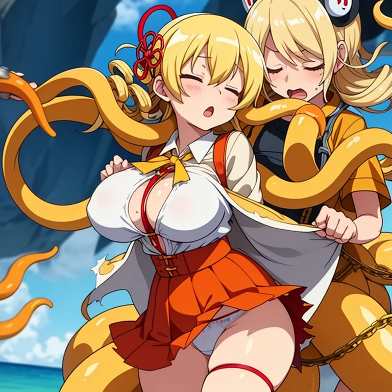 tomoe mami, big breast, blonde hair, drill hair, tentacle leash, skirt lifting, white underwear, choking,strangle, scenery, closed eyes, :o, pain, screaming, wind blow, tentacle around neck, (torn clothes:1.2)