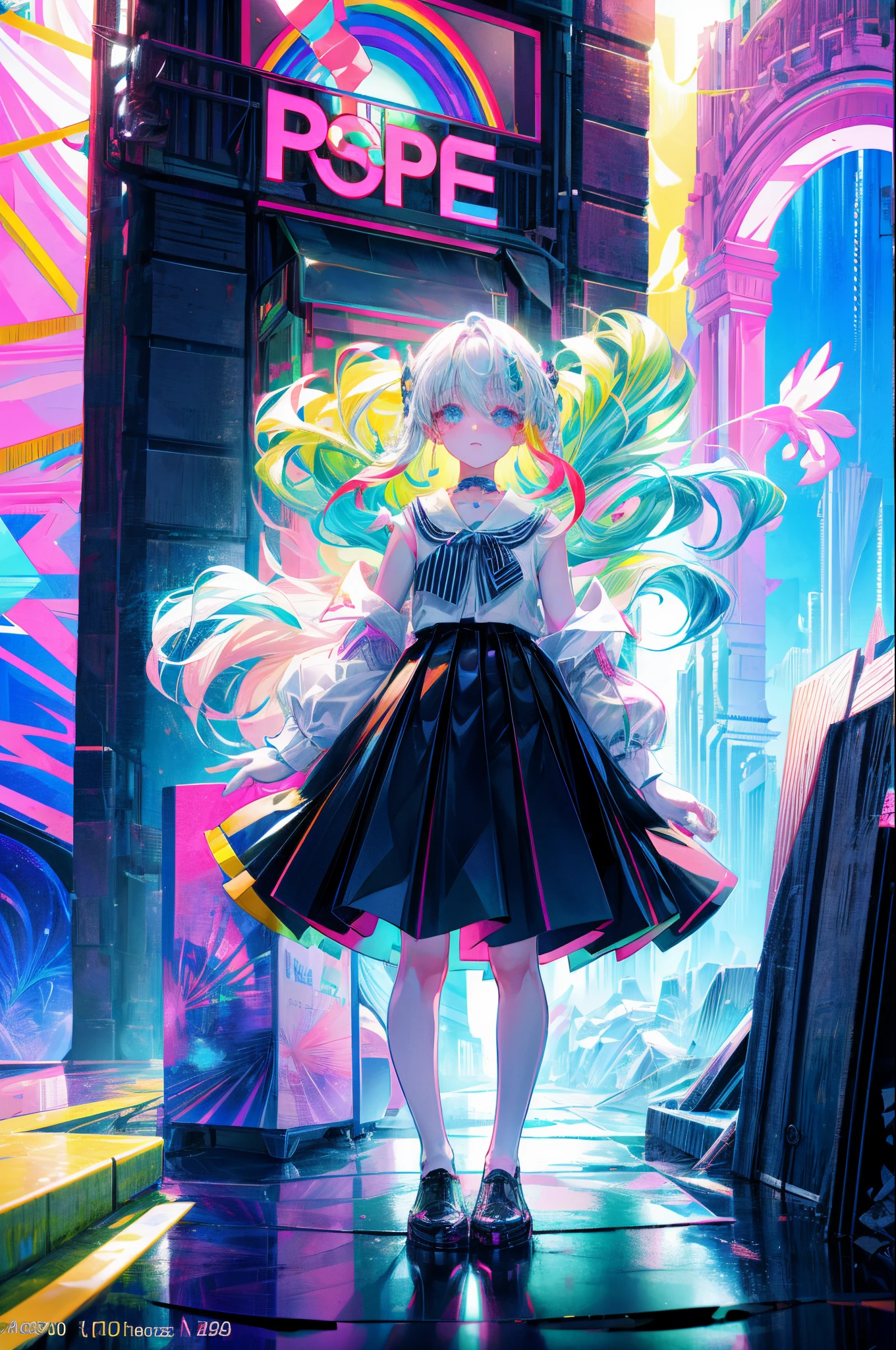 Rainbow on background、Irridescent color、colourfull、top-quality、超A high resolution、(Photorealsitic:1.4)、Female 1 Person、Sleeveless white buttoned shirt、Black skirt、Black Choker、cute little、(Kpop Idle)、(attractiveness:1)、(Platinum Blonde Hair:1)、((Puffy eyes))、Look at the viewer、full body Esbian、Facing the front