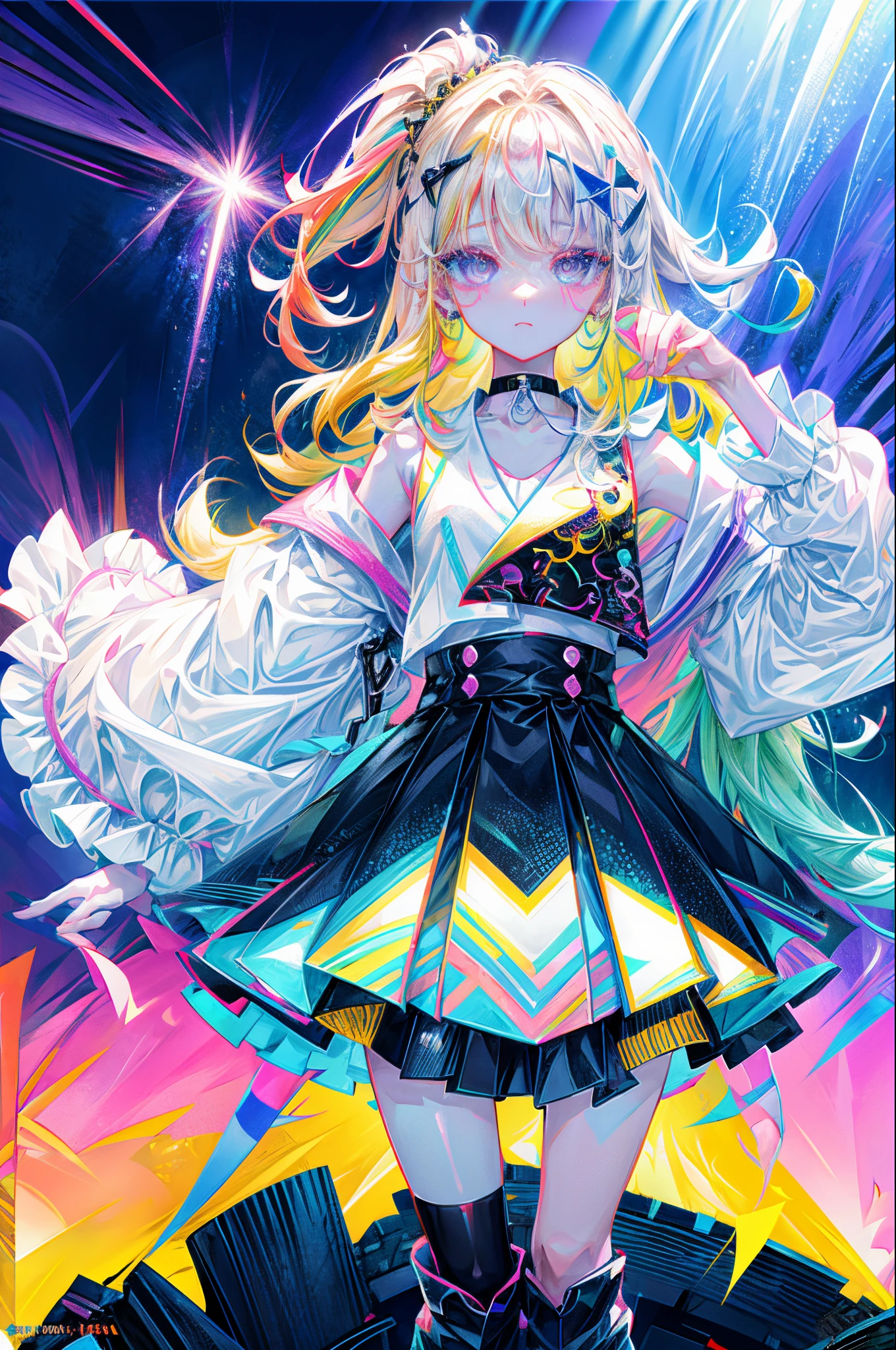 Rainbow on background、Irridescent color、colourfull、top-quality、超A high resolution、(Photorealsitic:1.4)、Female 1 Person、Sleeveless white buttoned shirt、Black skirt、Black Choker、cute little、(Kpop Idle)、(attractiveness:1)、(Platinum Blonde Hair:1)、((Puffy eyes))、Look at the viewer、full body Esbian、Facing the front