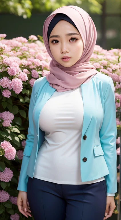 1 malay girl , modern plain hijab, shy, medium portrait shot , watery eyes ,lip watery, lip glossy, open mounth, ((big breast)), wear Half Button Rib Knit Tee with pastel color jacket and High Waist Plicated Detail Suit Pants, (big breast) , flower garden background, bokeh background, proportional body,