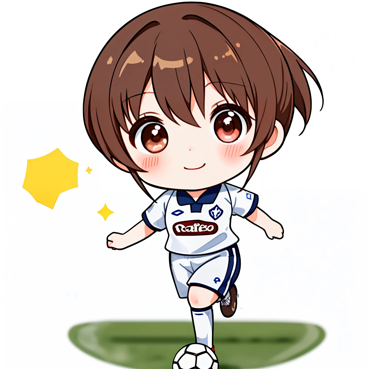 (​masterpiece)、(top-quality)、(ultra-detailliert)、(full body Esbian:1.2)、1人、Chibi、cute little、(((Pure white wall background)))、red blush、short-hair、Brown hair、side poneyTail、Brown hair、(beautifull detailed face)、(beatiful detailed eyes)、(((Soccer Uniforms)))、(((A smile)))、(((run)))