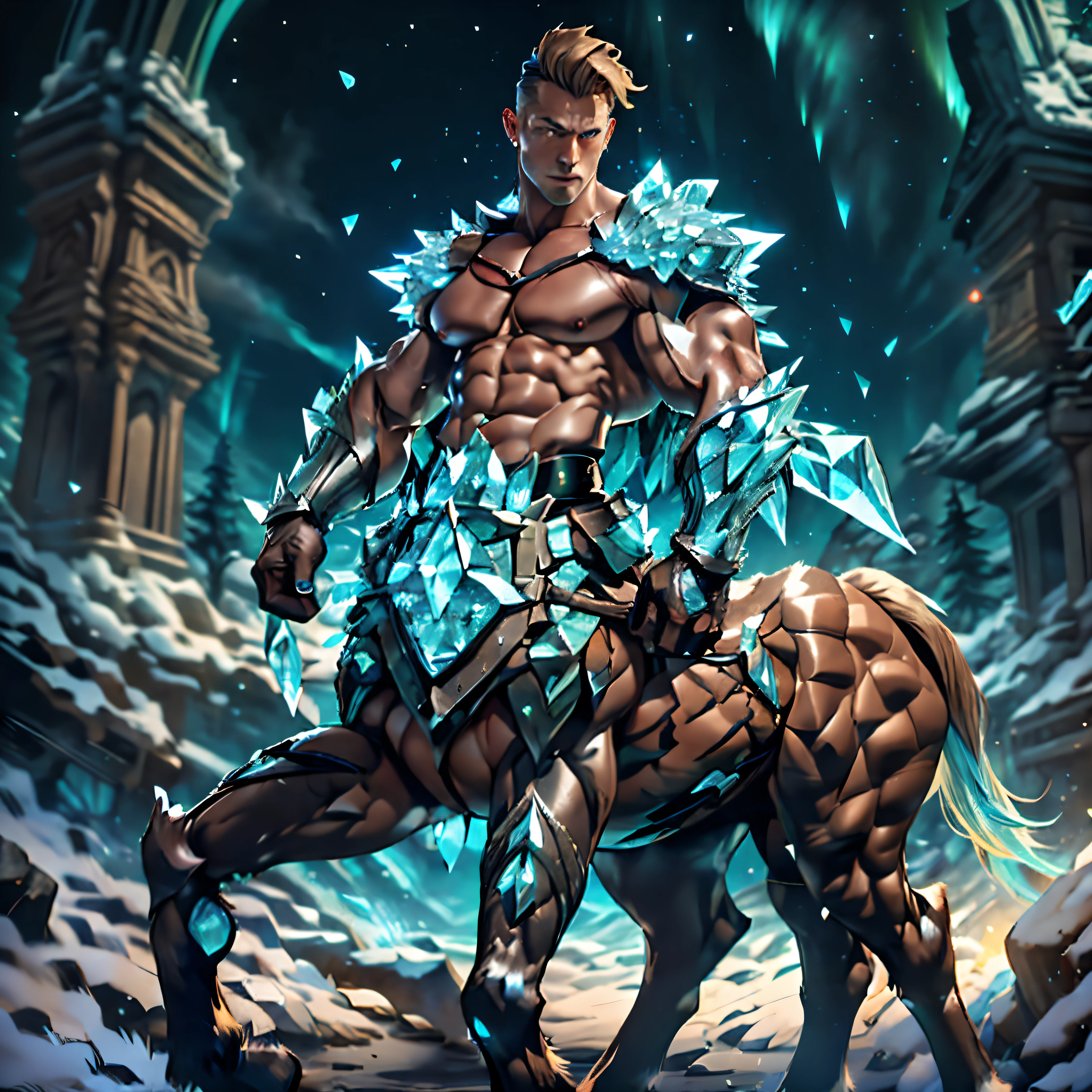 (Green short hair), (((male centaur))), ((bodybuilder)), ((very muscular)), ((broad chest)), ((thick pectorals)), abs, (((small waist))), ((big biceps)), ((large )), ((glans)), ((testicles)), ((nipple piercings)), snowy mountain, pine trees, aurora borealis, night sky, (veiny horse :1.0), extra arms, ExtraArms, tanned skin, erection, flaccid , erected , mature, dapper, stubbles, undercut hairstyle, crystal4armor, (((solo)))