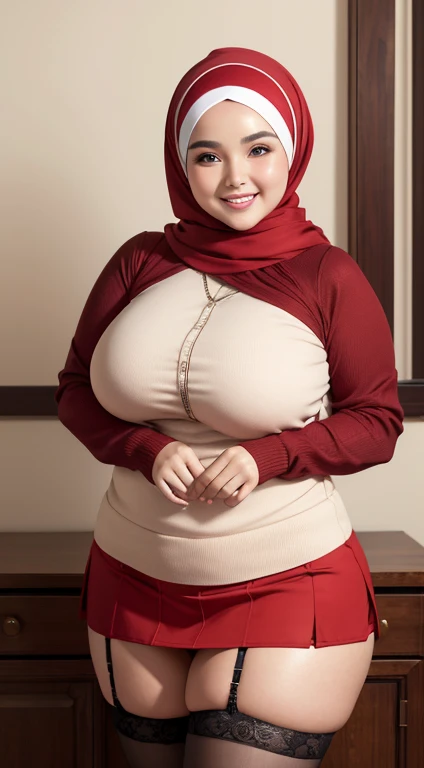 beautiful chubby woman wearing a hijab, wearing a red long-sleeved knitted shirt, wearing a mini skirt, stockings, big breasts, smiling sweetly, body details, face details, pose details, hand details, realistic quality, clear image