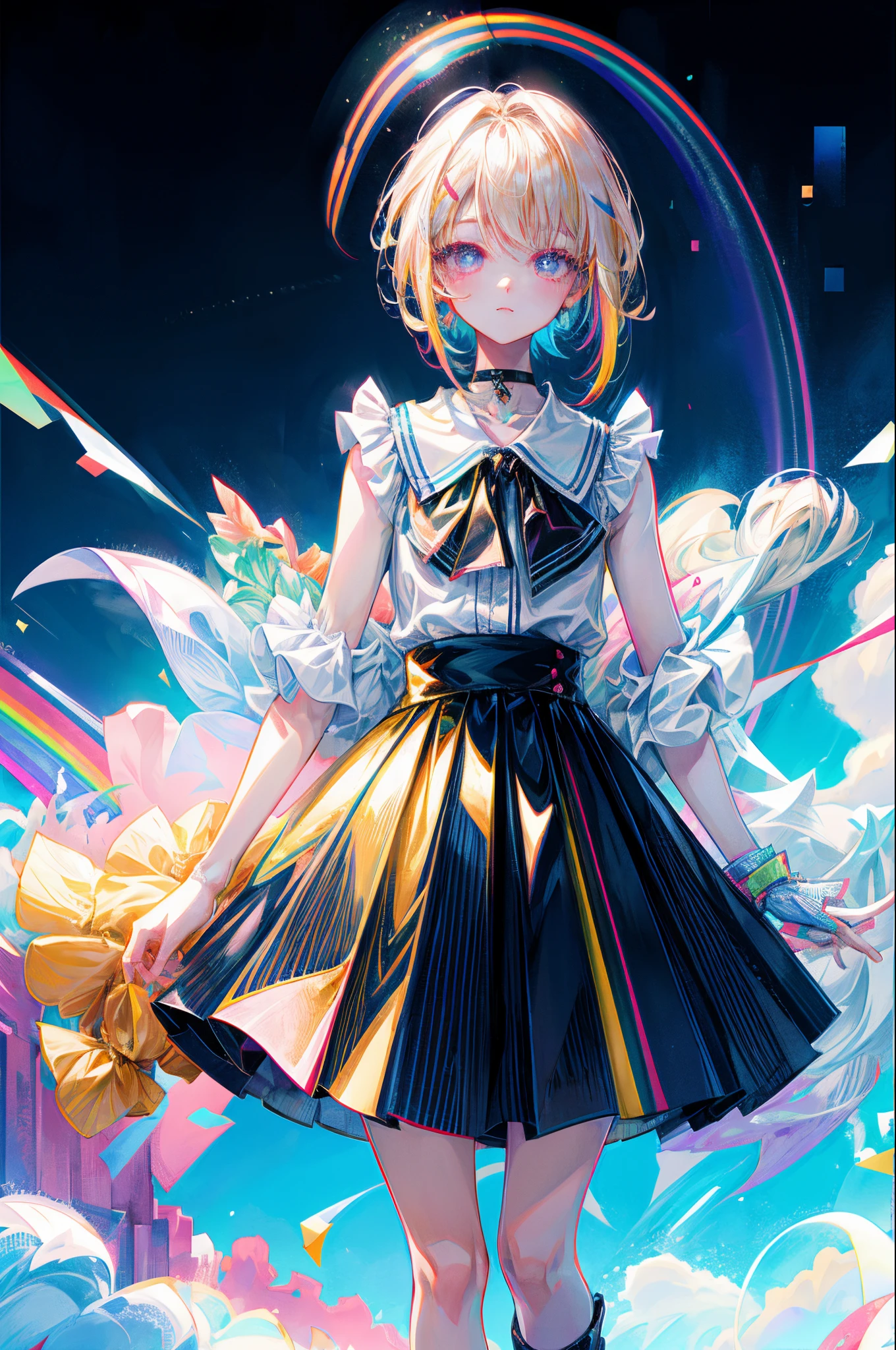 Rainbow on background、Irridescent color、colourfull、top-quality、超A high resolution、(Photorealsitic:1.4)、Female 1 Person、Sleeveless white buttoned shirt、Black skirt、Black Choker、cute little、(Kpop Idle)、(attractiveness:1)、(Platinum Blonde Hair:1)、((Puffy eyes))、Look at the viewer、full body Esbian、Facing the front
