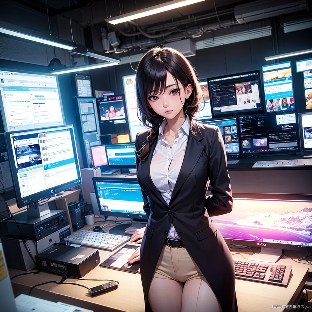 Absurd resolution, High resolution, (masutepiece:1.4), Ultra-detailed, Detailed Five Fingers,A detailed face,A detailed eye,1girl in, in office clothes,Engineers,Working overtime while worrying,Programming,Working at your desk, spaces, floating, wide-angle lens distortion, (High quality), (pixiv:1.4), Volumetric lighting, Backlight,from the chest up,The shirt