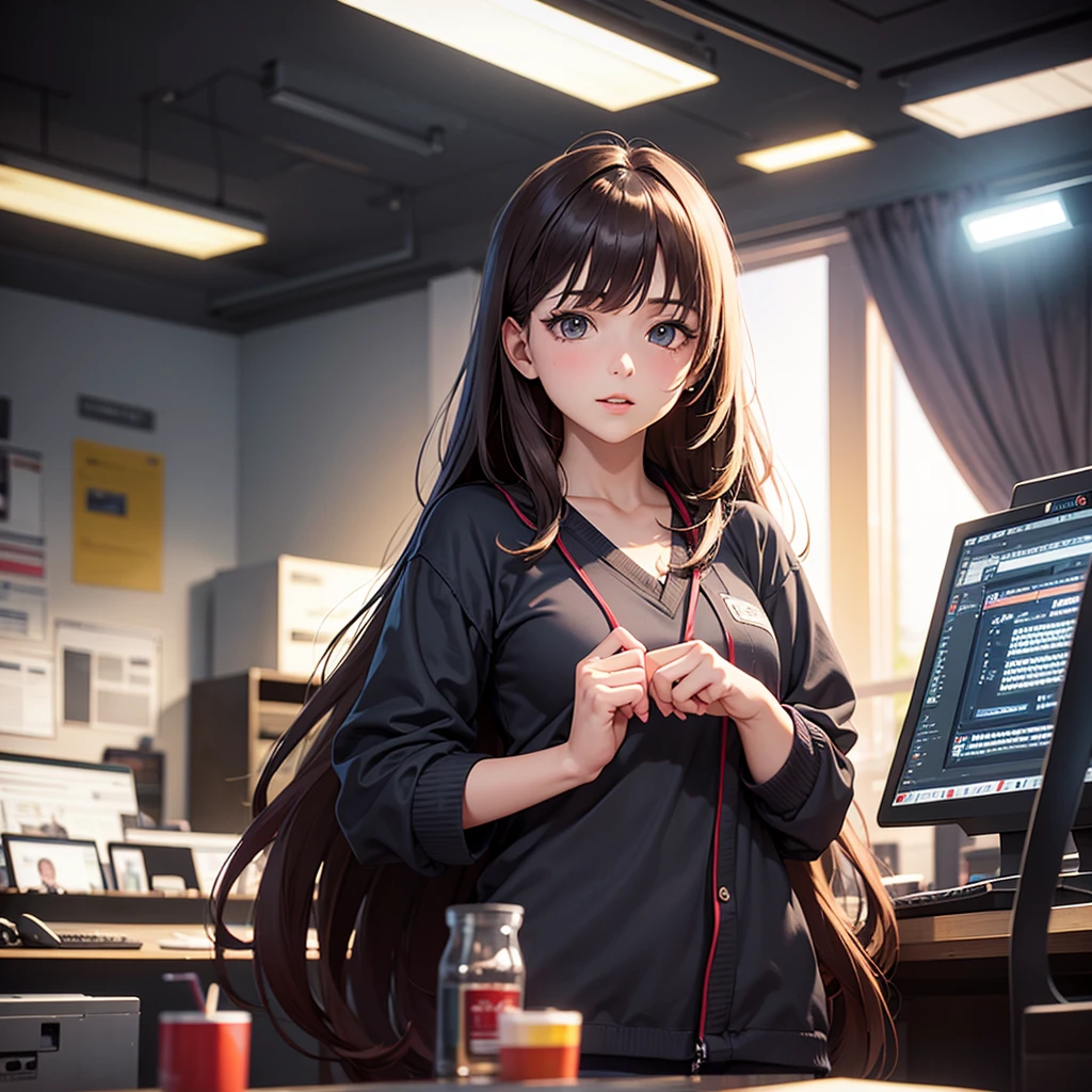 Absurd resolution, High resolution, (masutepiece:1.4), Ultra-detailed, Detailed Five Fingers,A detailed face,A detailed eye,1girl in, in office clothes,Engineers,Working overtime while worrying,Programming,Working at your desk, spaces, floating, wide-angle lens distortion, (High quality), (pixiv:1.4), Volumetric lighting, Backlight,from the chest up,The shirt