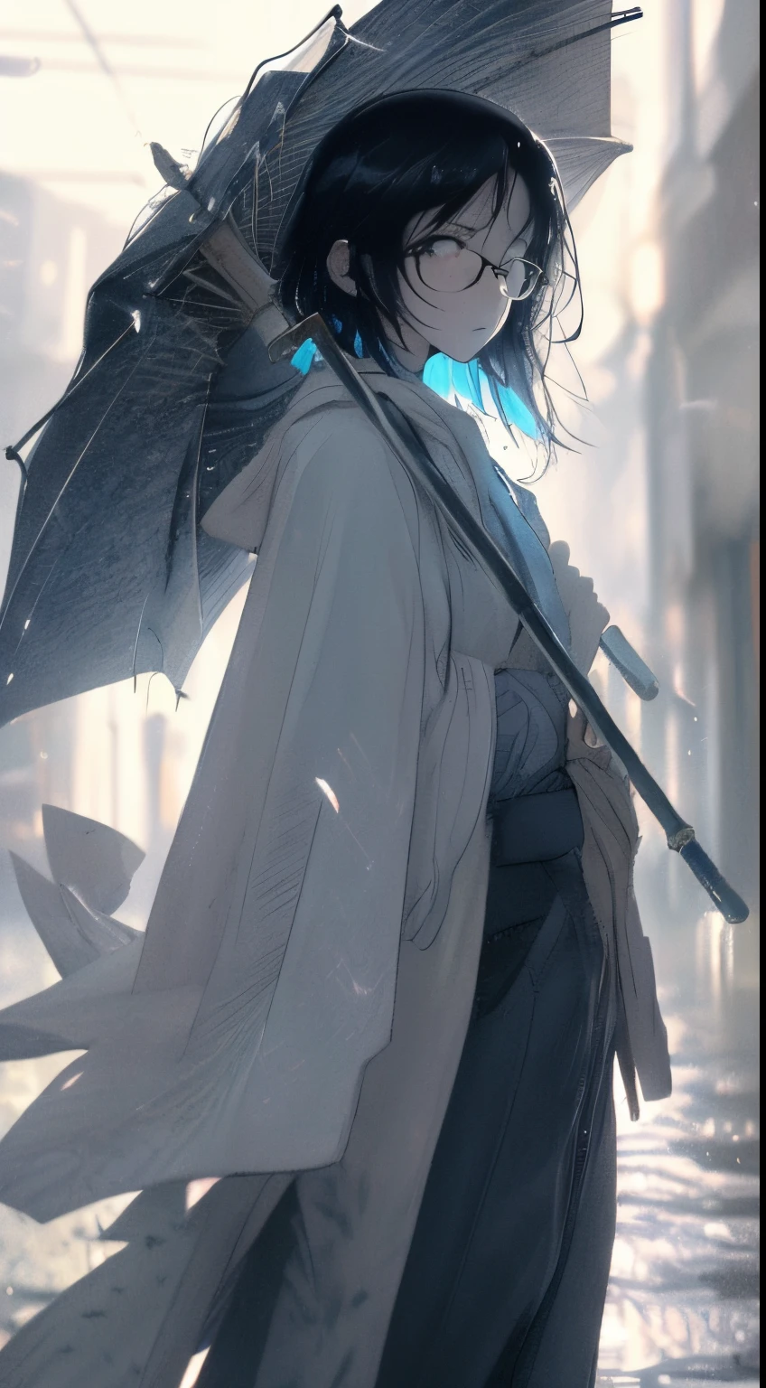 (best quality,4k,highres,masterpiece:1.2),ultra-detailed,realistic,anime style,raining night,deep blue short hair,ethnic aleatory,glasses,books in hand,umbrella,walking in streets,city lights,glistening wet pavement,lively atmosphere,vivid colors,mysterious shadows,reflections in puddles,splashing raindrops,soft glow of street lamps,dripping water,drenched clothes,gentle breeze,wet leaves on the ground,peaceful solitude,nighttime tranquility,subtle moonlight,neon signs,blurry background,ambient lighting,moody ambiance,romantic and cinematic,blurry rain streaks,ethereal beauty