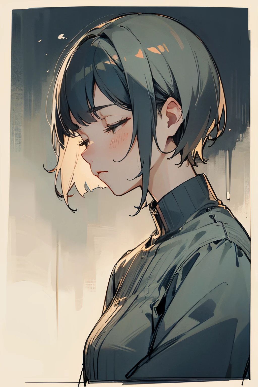 adult lady、short-hair、Eyes closed、Closing both eyes、deadpan、A solemn atmosphere、