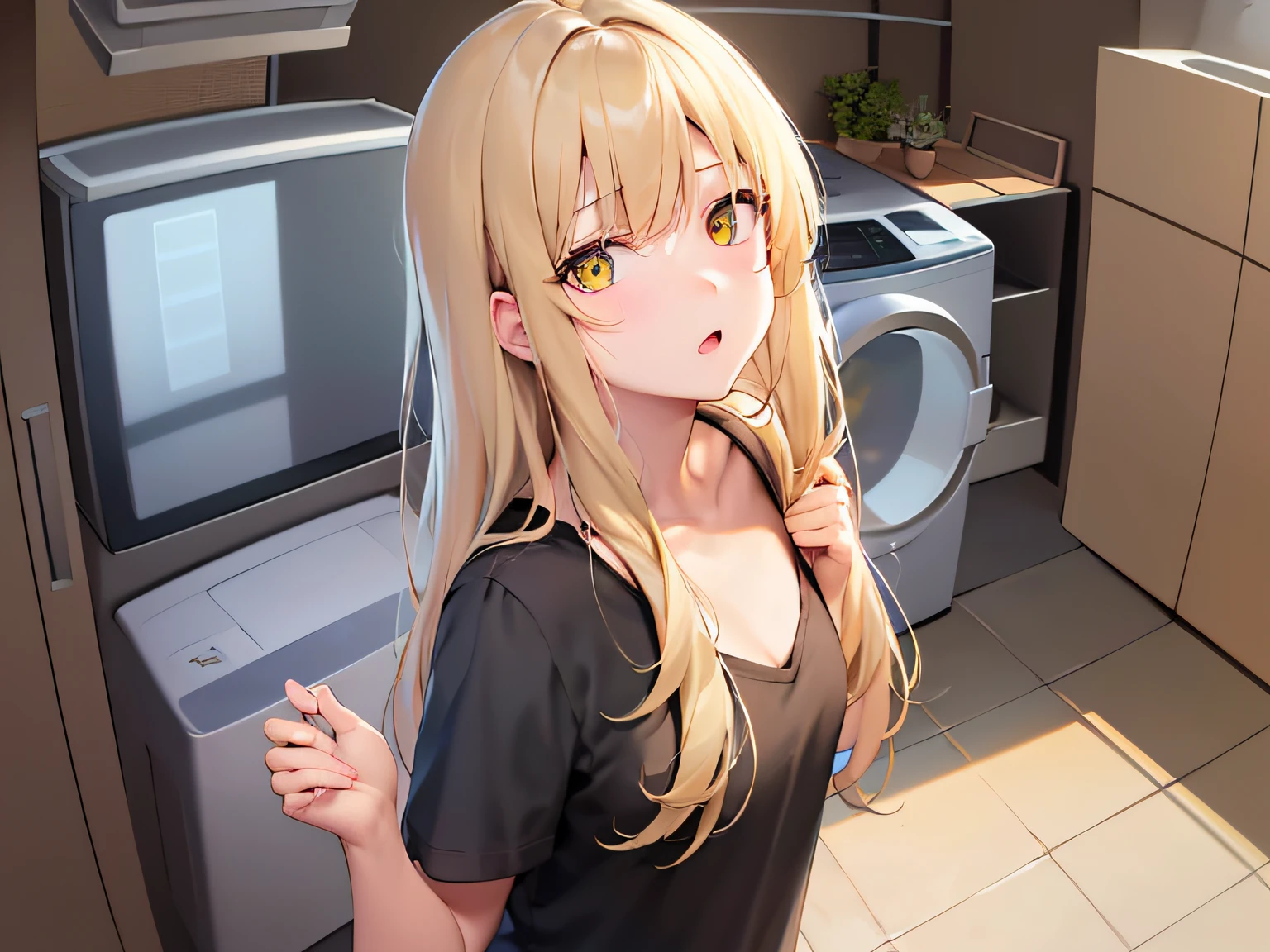 Angle from above, High angle, ​masterpiece、hightquality、(Blonde long hair, yellow  eyes)、An 18-year-old woman、(Alone:1.5)、wearing black tshirt、pulling the hands up、(sullen look:1.1)、Close-up of the subject's face、(Only the upper body is shown.:1.3)、Bold composition、In the background is a dressing room with a sink and washing machine.