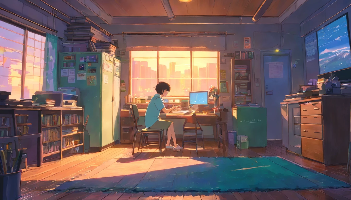 (overnight with), Dad studying in her room, read a book, Put on your headphones, , nightlight, Neon landscape on a rainy day,Simulates a color theme, Lo-fi hip-hop , retrospective, Flat, 2.5 days ,Draw a line, ink and watercolor painting, Large gradients, Watercolor painting, Gush color, In Studio Ghibli style, brilliant colorful, Outer tons, synthetic wave, lofi art,90s style,Old textures, amplitude,90s atmosphere, On the table, incredible technology, 16:9 scale