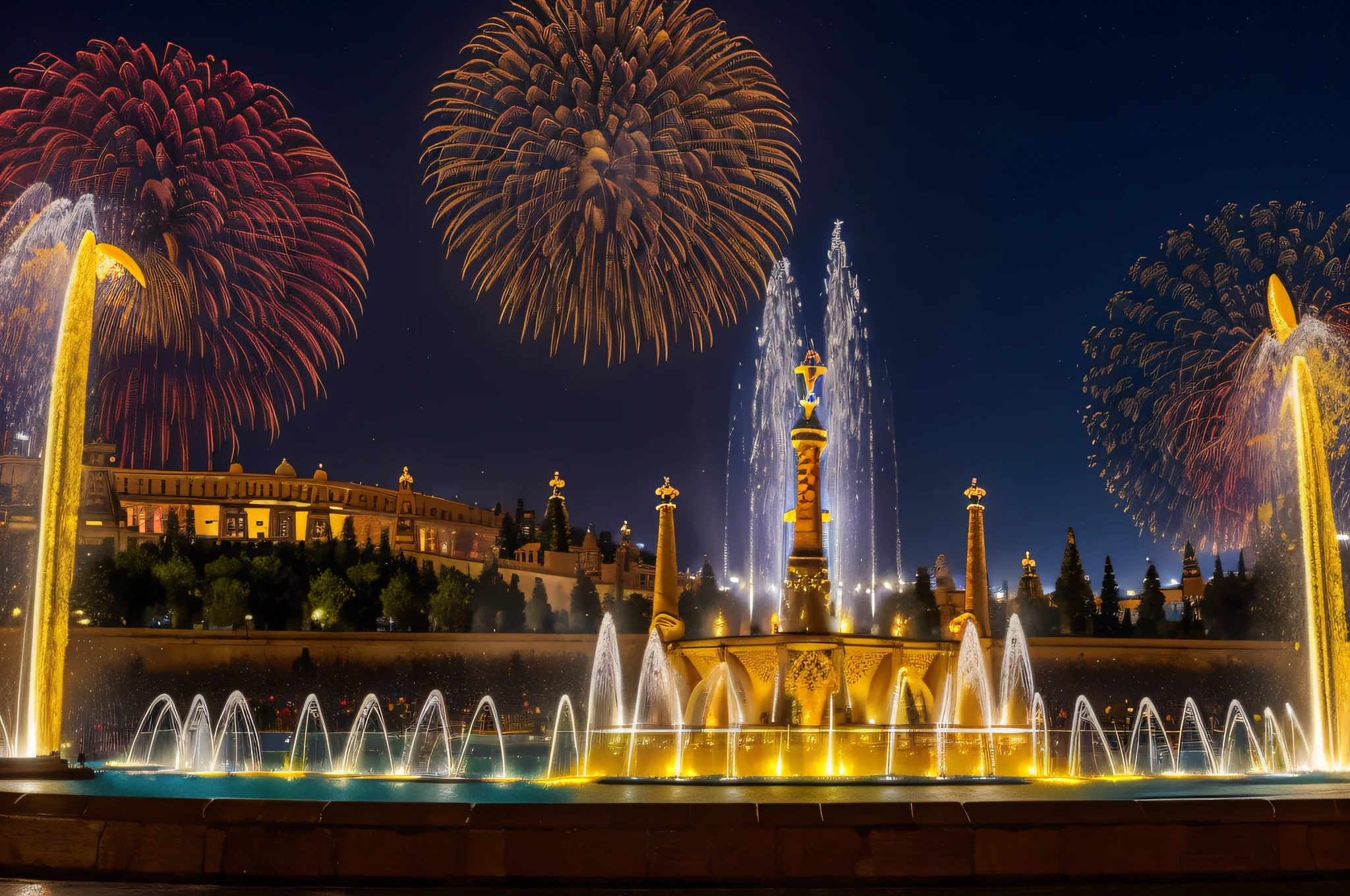 high-quality image of the Montjuit water fountain in Barcelona can be as follows: "best quality, 4k, 8k, high resolution, masterpiece: 1.2), ultra detailed, (realistic, photorealistic, photorealistic: 1.37), HDR, UHD, (water fountain with red and yellow lights in front of a crowd:1.37), fountains, with flowing fountains, fountain in the middle, adorned with explosions of fire, water fountain, impressive visual, fountain of immortality, fountains and arches , water jets, (in Montjuit, Barcelona: 1.42), at night, photo taken at night, impressive image, an explosion of colors, most popular