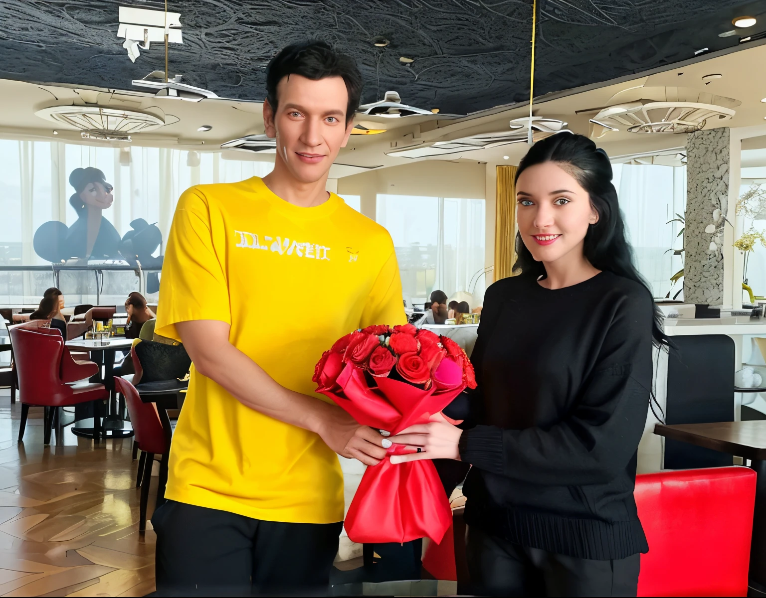 disney 3D pixar, a man wearing yellow tshirt, black pants and white shoes 6ft in height standing on the left giving bouquet to a woman who is wearing black knitwear and black pants with black heels with open hair in the restaurant