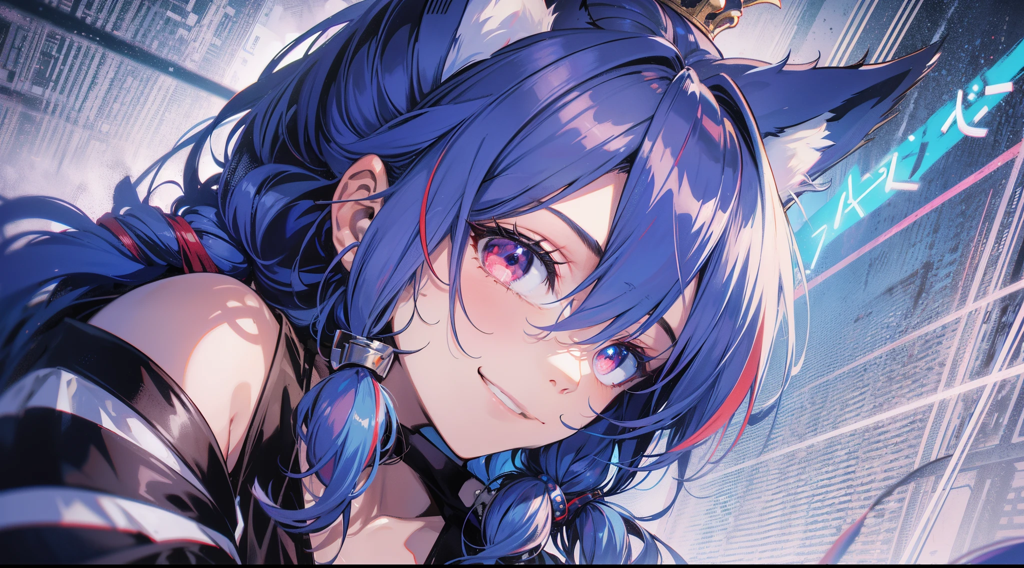 streaked hair, colored inner hair, blue hair, low twin braids, hair pulled back, low twintails, crown, fox mask, snake pupils, red eyes, empty eyes, fox ears, sigh, evil smile, shy, chiaroscuro, motion blur, chromatic aberration, chromatic aberration abuse, tachi-e, from below, satellite image, textured skin, best quality, 16k, highres, high details, super detail