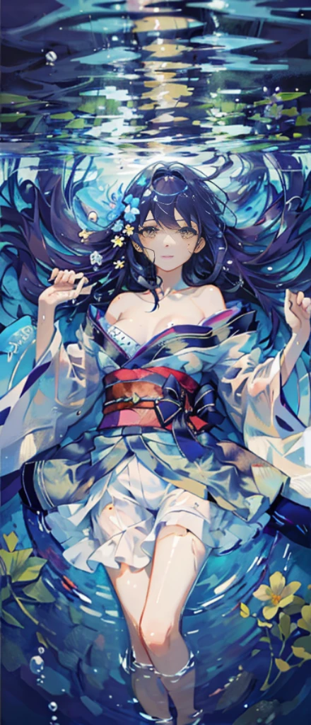 1boy, (dark blue hair:1.2), long hair, straight hair, hair between eyes, light frown, (purple lips:1.2), hair ornament, barefoot, japanese clothes, long sleeves, flower, hydrangea, oil paper umbrella, sayagata, male focus, off shoulder, kimono, blindfold, (black blindfold:1.3), chibi,  <lora:last:1>