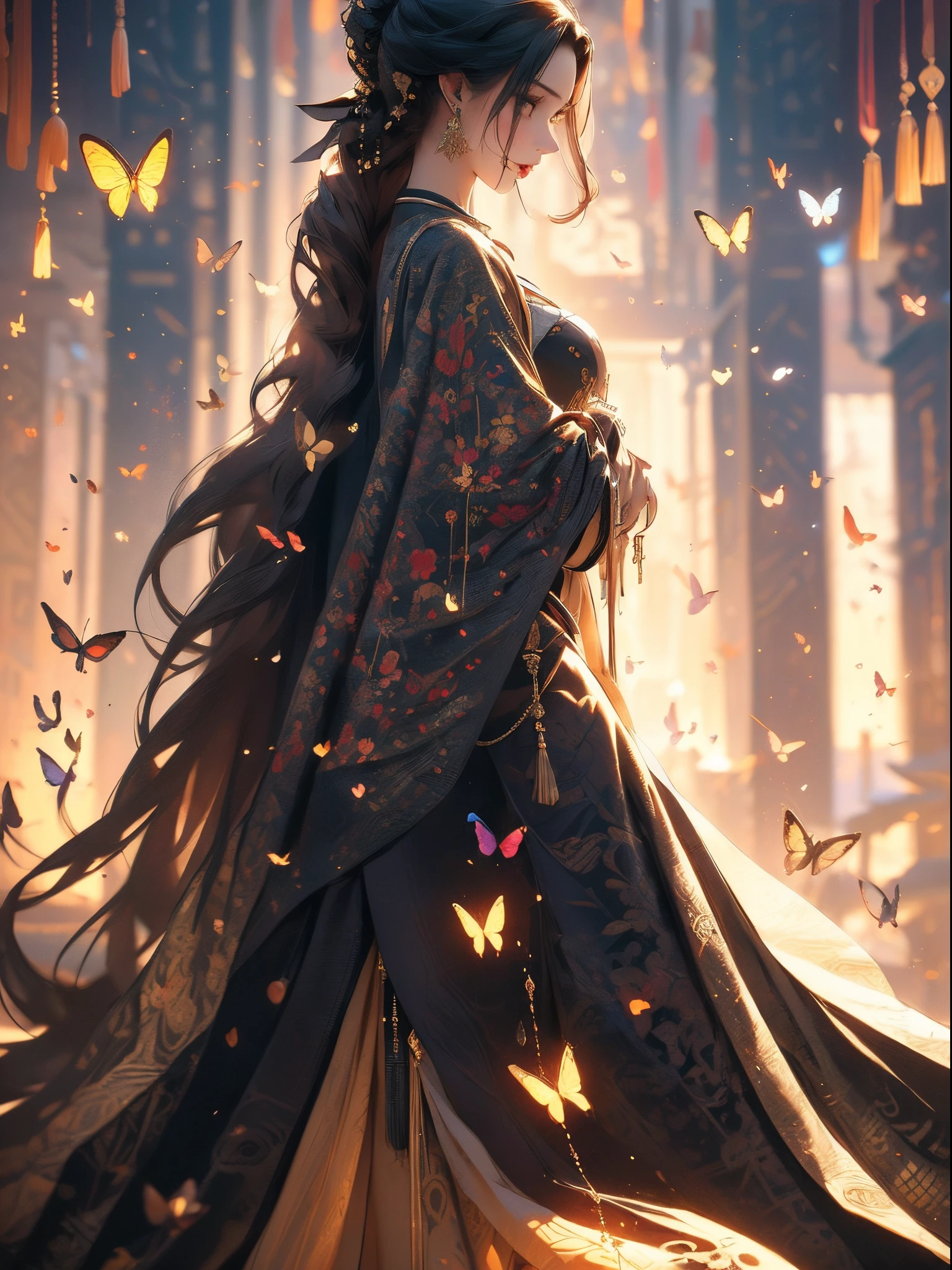 Butterfly motif、Basic tone of black and silver、Vibrant colors、((masterpiece)))、(((top-quality)))、((ultra-detailliert))、(A hyper-realistic)、(highly detailed CGillustration)、Official art、Vienna at the beginning of the 20th century、Decadent、Madame Papillon、Cool Beauty、Masquerade、refinement、Elegance、Gorgeous、Masks that cover most of the face、Colorful and detailed mask design、matchless beauty、Fans、gorgeous dress、jewely、Female Solo、Perfect Angle、perfect-composition、full body Esbian