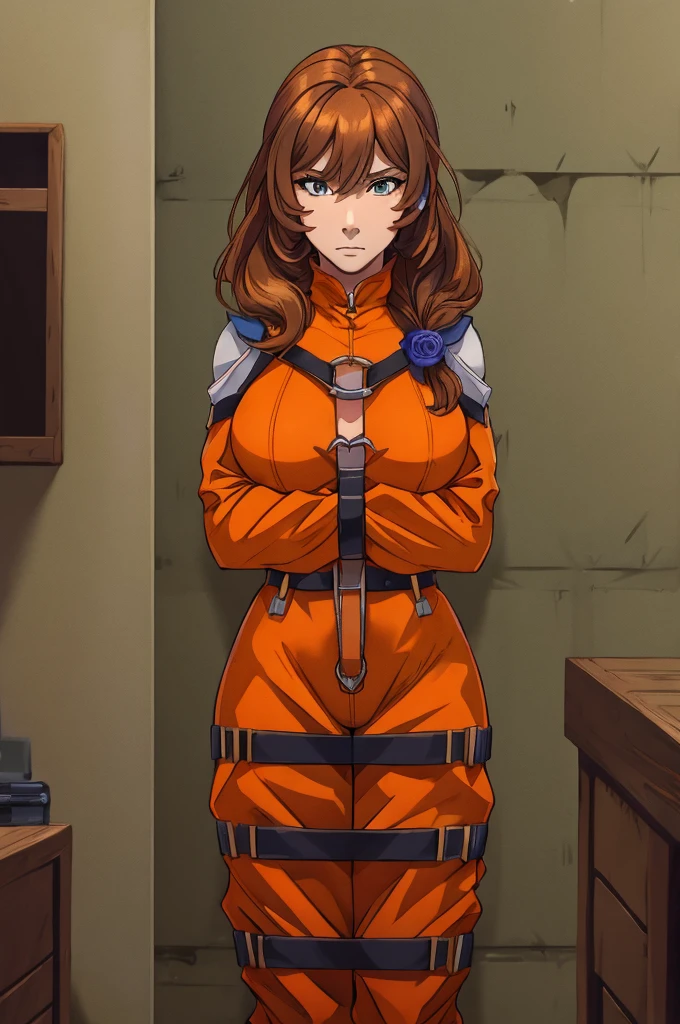 lisa, xtremely detailed , orange jumpsuit, folded arms, fidden hands, hidden fingers, harness bondage, straps {belt}, prison cell,