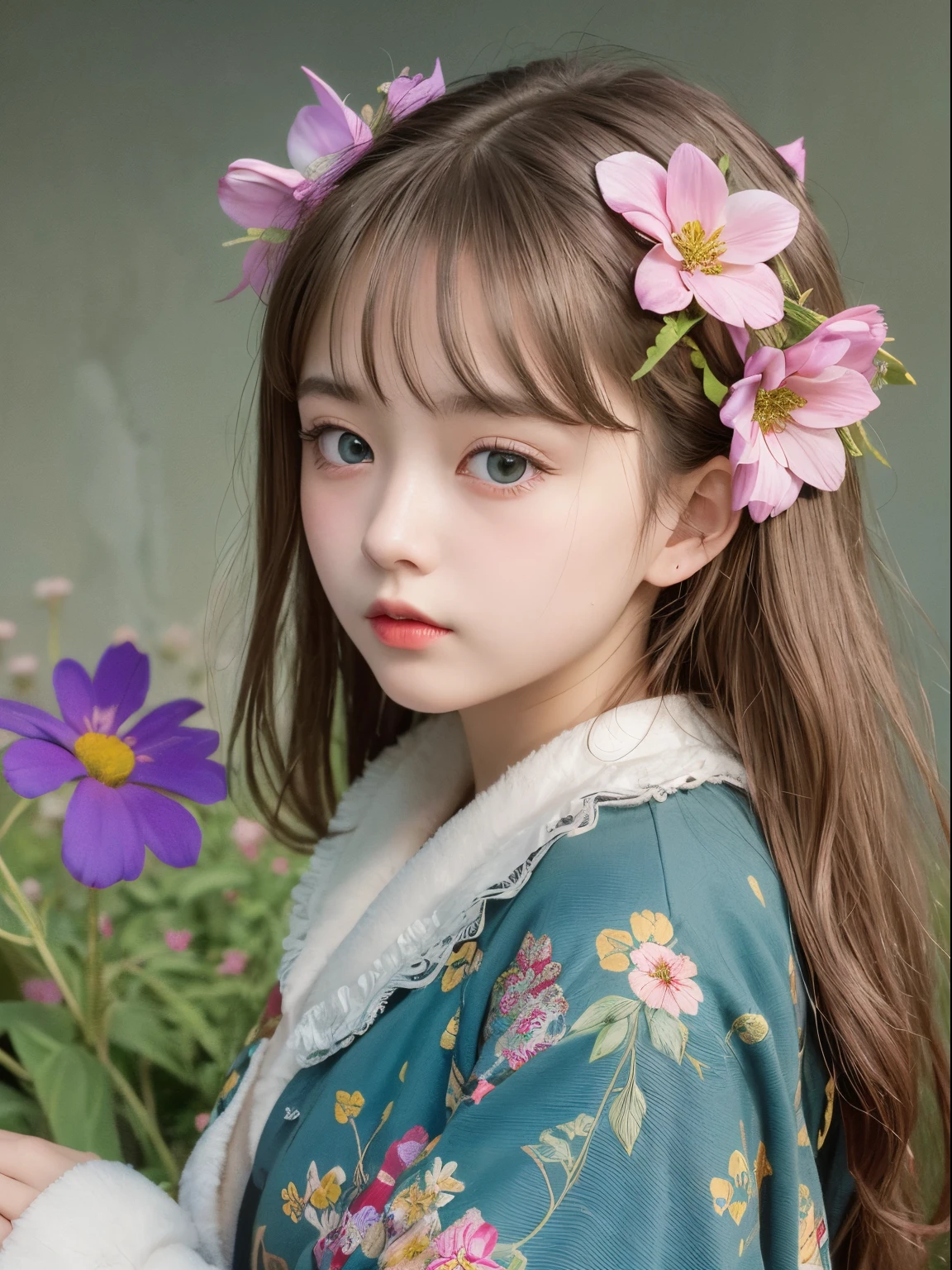 high quality, low contrast, package art, perfect anatomy, petals, flowers, leaves, cute, cute, cute girl child 10 years old, flush, detailed face, detailed eye, detailed cloth, black, violet, purple, ornate stained glass windows on background, pink, skull, determined eyes, night sky, dim lighting, portrait, cameo