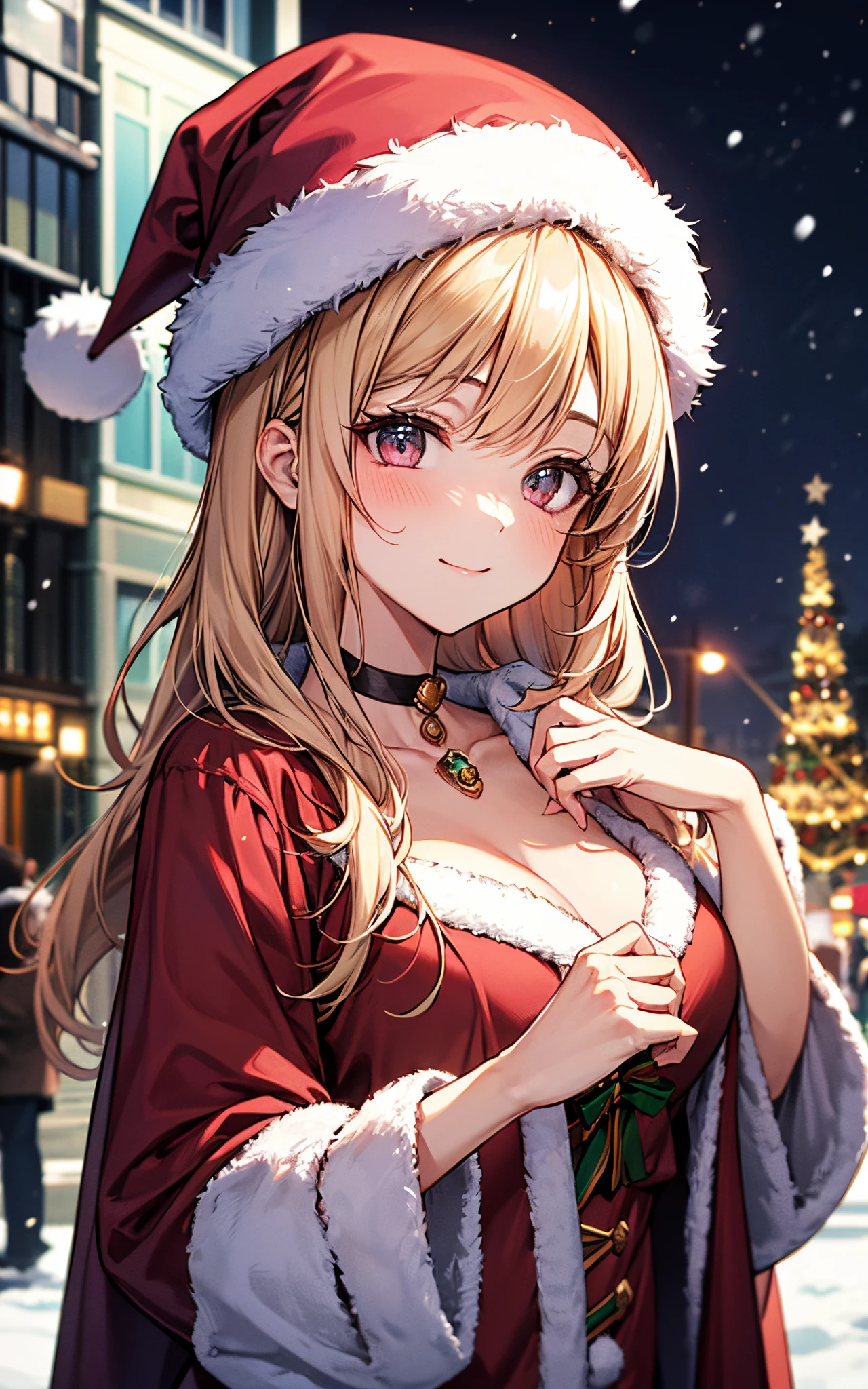 top-quality、 hight resolution、 super precision、 masterpiece、 8K、 (1人の女性)、 (((extra detailed face)))、 8 head body、
(Composition looking up from a low position)、(((Japanese townscape)))、 (((Christmas)))、Fateful meeting、((Crowds))、
lovely smile、plump eyes、 Eyes sparkle、 (((big light in my eyes)))、 Wet eyes、
Colorful、 Fine skin、 Breasts are big、(((warm santa costume))、 ((christmas hair ornament))、 ((Tying hair))、 kawaii、 Embarrassing、 Feels、 Refers to 5、