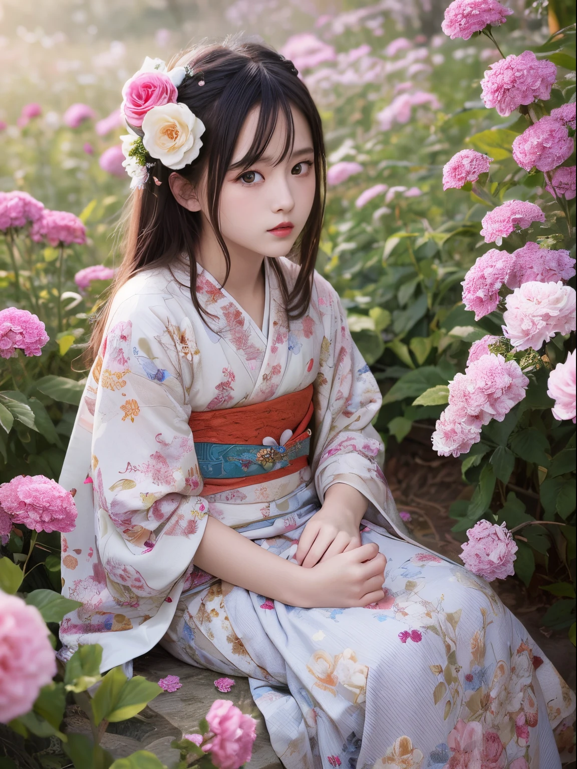 Best quality, Masterpiece, high resolution, Original, highly detailed wallpaper, Beauty,Gorgeous kimono、dress, Sad, Small face、teens girl、Real Human、Authentic、blond、Blue eyes、Foreigner、Old photos、Flowers bloom、happy、Pleasure、Red lips