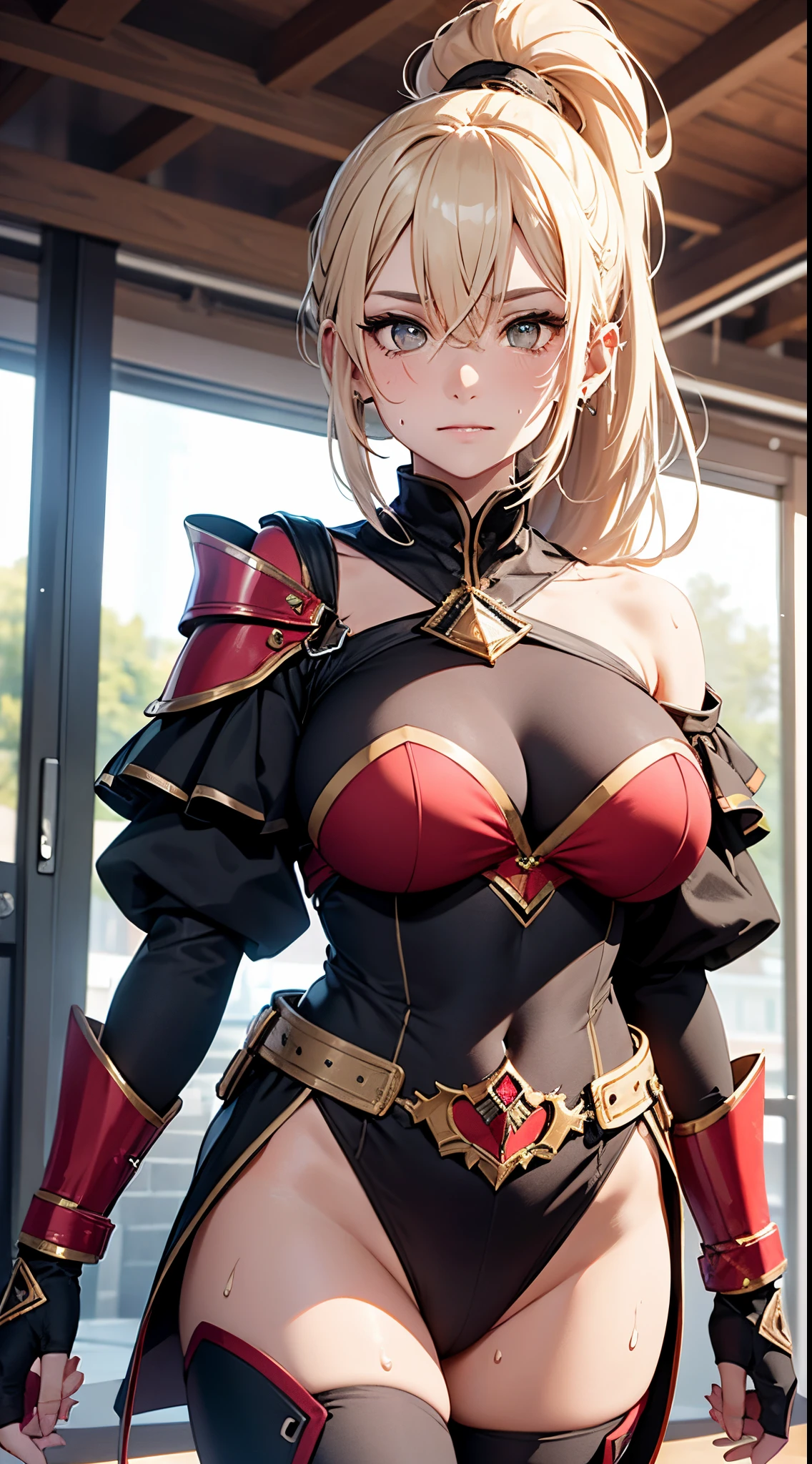 tmasterpiece, Top image quality, A high resolution、独奏、Lop,Off-the-shoulder attire,Huge big breasts,small tit、battle garment,armour、High ponytail hairstyle、No bra wearing、Sweaty face、Latino, puberty,Winters,Yuki