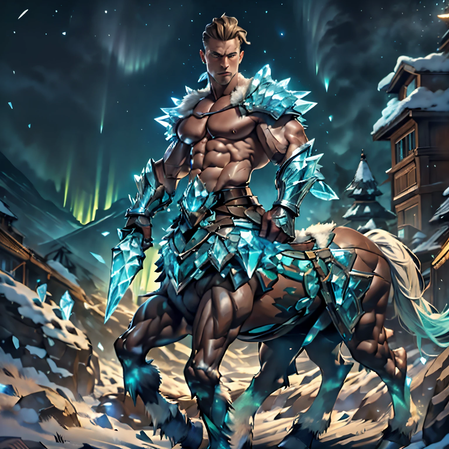 (Green short hair), (((male centaur))), ((bodybuilder)), ((very muscular)), ((broad chest)), ((thick pectorals)), abs, (((small waist))), ((big biceps)), ((large )), ((glans)), ((testicles)), ((nipple piercings)), snowy mountain, pine trees, aurora borealis, night sky, (veiny horse :1.0), extra arms, ExtraArms, tanned skin, erection, flaccid , erected , mature, dapper, stubbles, undercut hairstyle, crystal4armor, (((solo)))