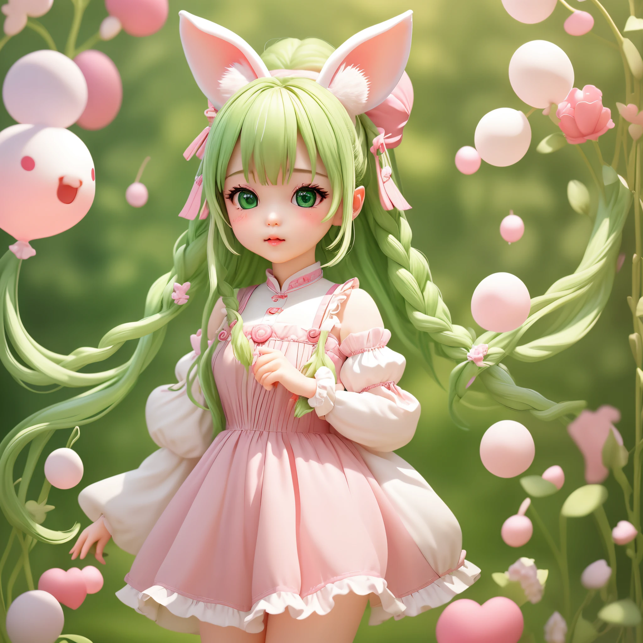 (Highly detailed CG Unity 8K wallpapers、​masterpiece、top-quality、ultra-detailliert)、(The best lighting、Best Shadows、extremely delicate and beautiful)、floating、Indoor background
	
[Rabbit lop-eared、Braid tail hair(pink there)、Plump lips、Dark green clothes、Playing with toys、、drooing eyes、Green eyes with drooping corners of the eyes、Kissing lips、Overall)::0.8]