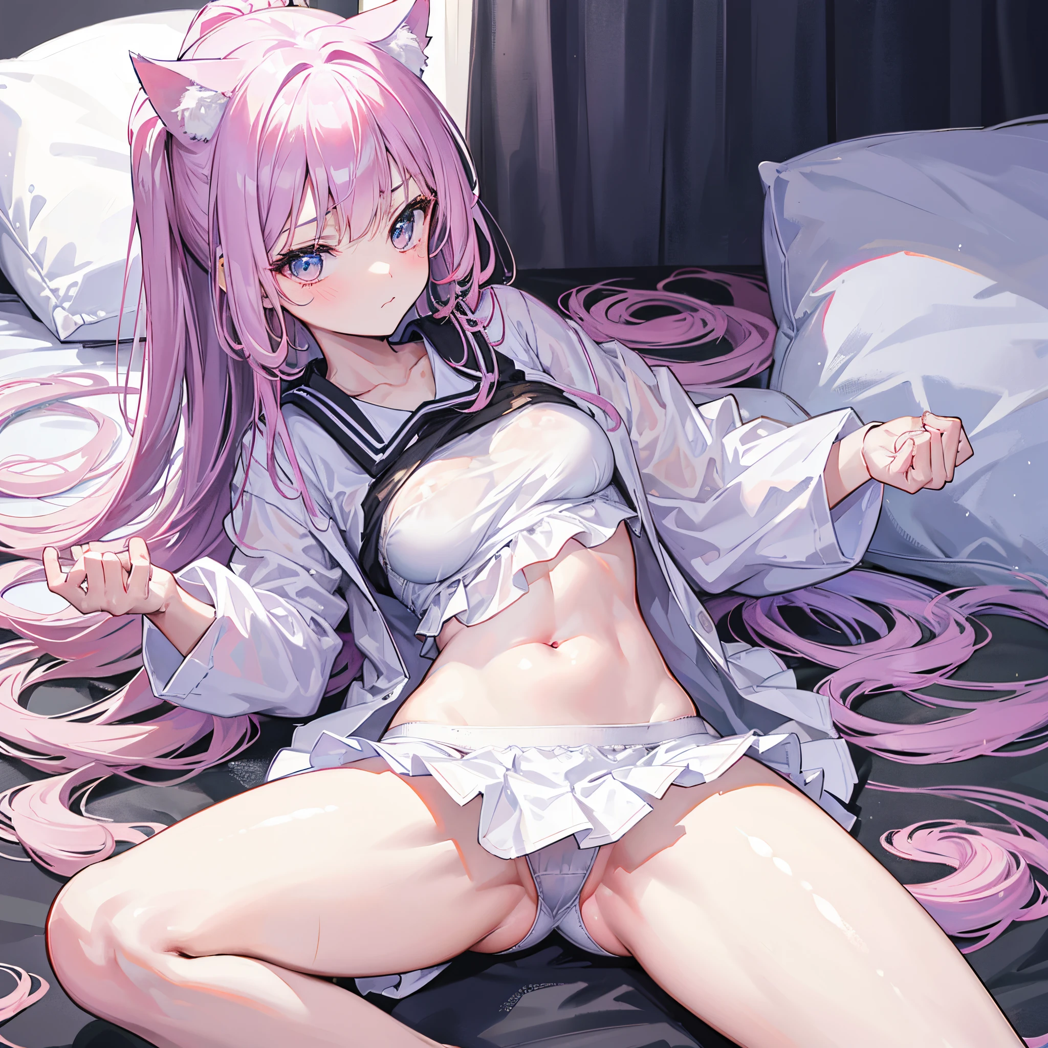 Best Picture Quality，The is very detailed，Body and facial contours 1.2）rainy days，Wear an air-colored bra，Air color lace sexy panties，pouting her ass，Anime manga girl ，Weakness of the body，a slender waist，Thin leg，Bedrooms，face to the viewer，spread their legs，Side head，Rub your chest with both hands，Long white ponytail，Wear white cat ears，spread their legs，lifting up skirt，The reveal panties