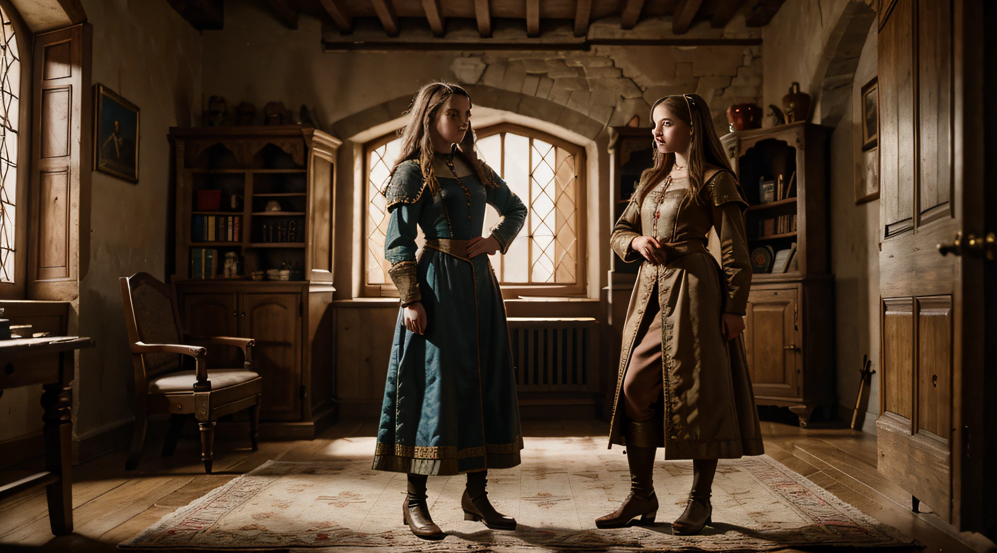 two Medieval Hungarian young noble girls, one 8 and the other 11, standing in a medieval castle playroom playing games, ultra detailed, cinematic, day, cinematic scene from period film, in the style of cinematographer Dion Beebe, 8k, high res,