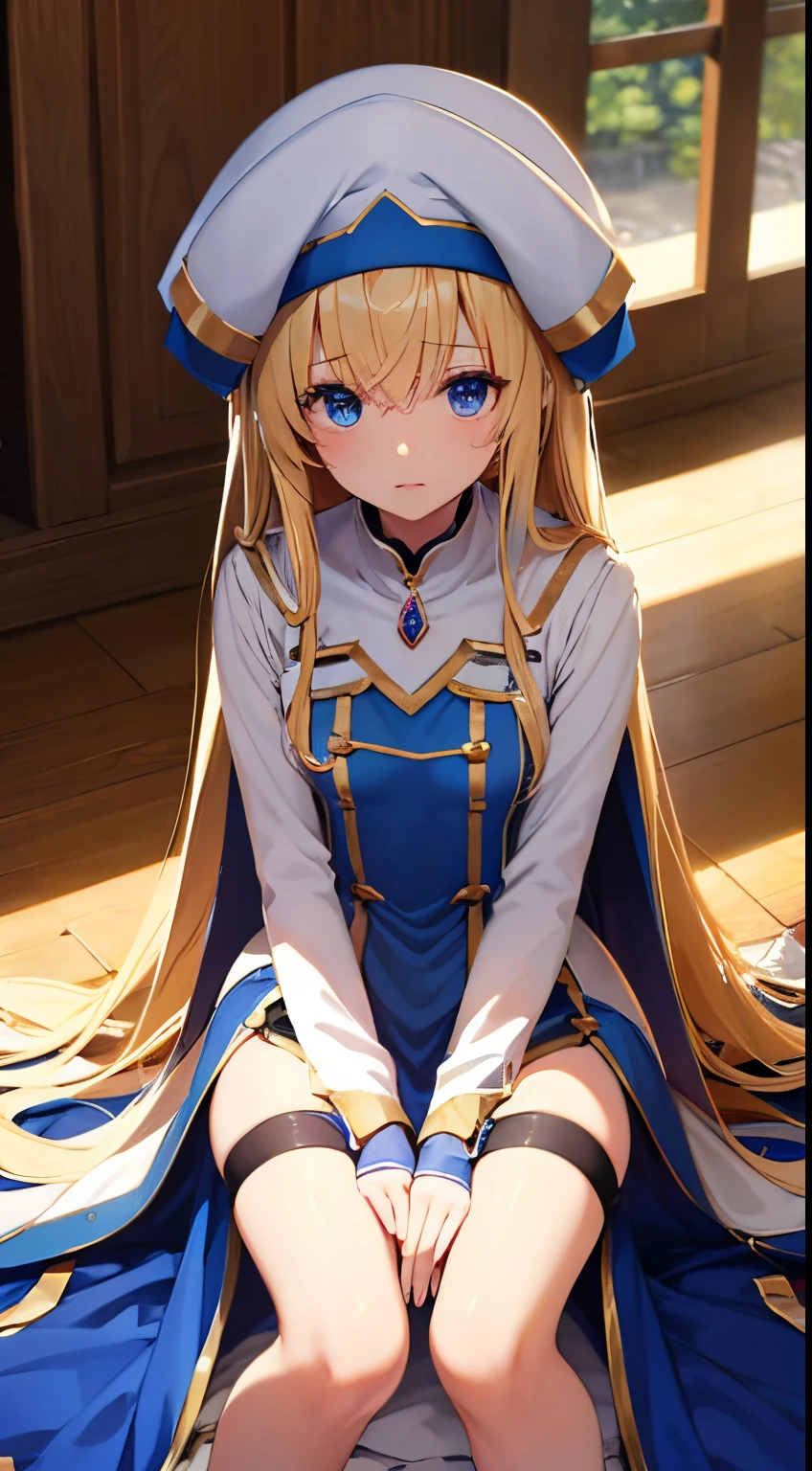 Best Quality,High resolution, Ultra-detailed,8K,Game CG, Beautiful detailed eyes,NSFW,priestess, Blonde hair, Blue eyes, Long hair, hair between eye, frilld, White Hat,BREAK, hand between legs, Sitting, Evil