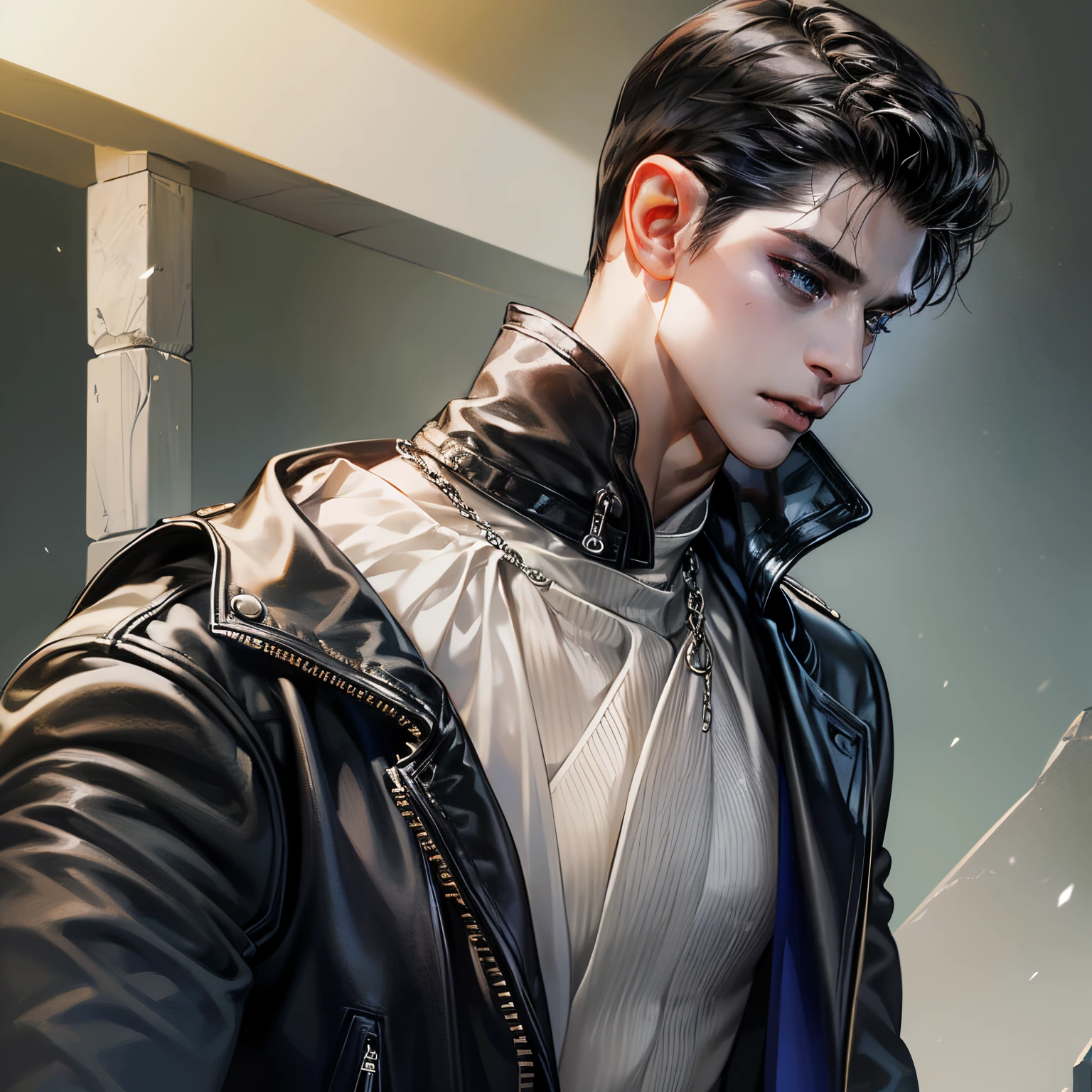 (hyper realist, 8K, extremely detailed, best quality, super detailed, masterpiece, ultra-realistic, high detail, RAW photo, Realistic, photo realistic, Ultra High Resolution, Realistic, top quality, Raw photography, depth of field, cinematic lighting). (A ...1 man, face portrait, short black hair, piercing blue eyes, pale skin, sharp fangs, tall and muscular, scar on the left cheek, wears a black leather jacket, silver chain around the neck,)