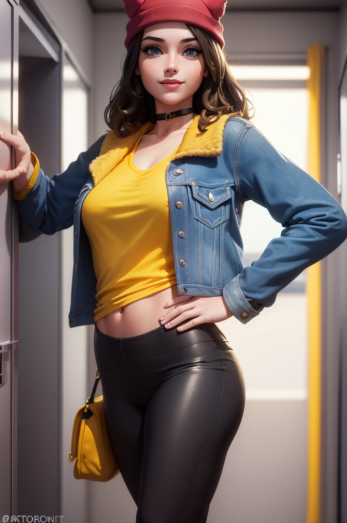 (8k, best quality, masterpiece:1.2), (realistic, photo-realistic:1.37), ultra-detailed, 1 girl,cute, solo, ,beautiful detailed blue eyes, medium wavy hair, standing on a locker room, , smiling, looking at viewer, ,light brown hair, black lips, black lipstick, full body view, , whole body shot, red hat, , , nsfw, choker, yellow shirt, denim jacket, dark long leggings
