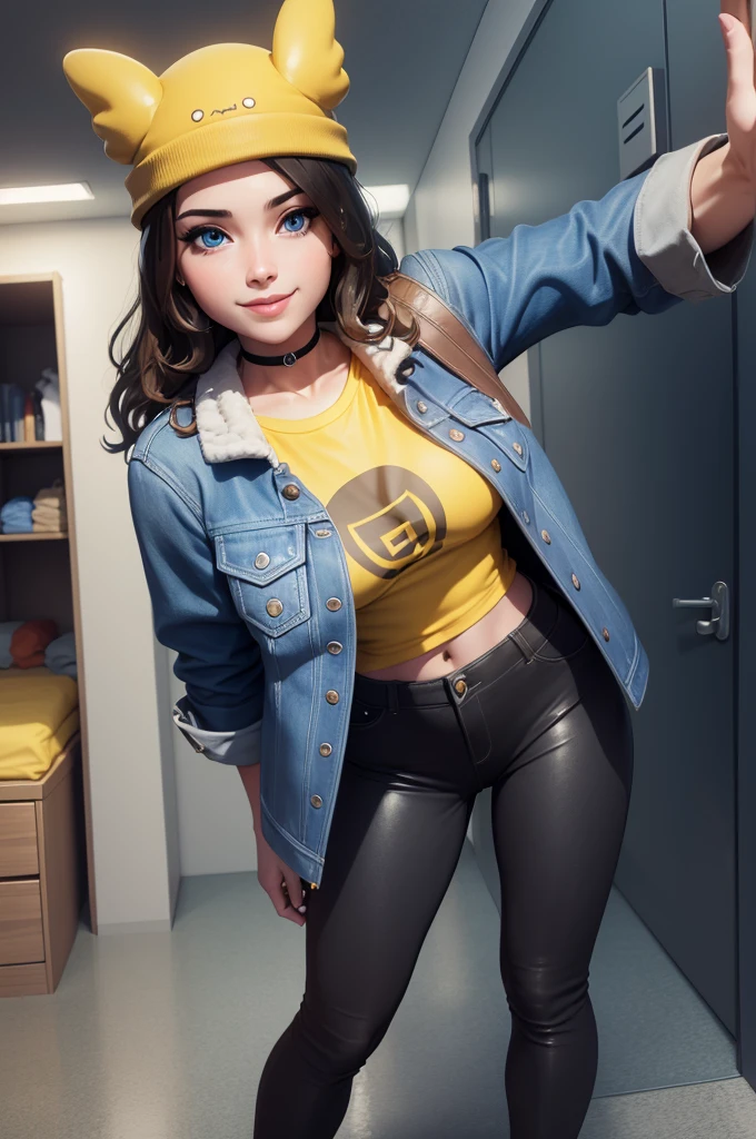 SA22 mulher vestindo uma camisa e jeans, (17 anos), olhos castanhos, cabelo castanho claro, bochechas rosadas, hiper realista, 4k, obra-prima, bonito, de frente para o espectador, headshot, ((pele branca)), decote, selfie espelho, maximum details