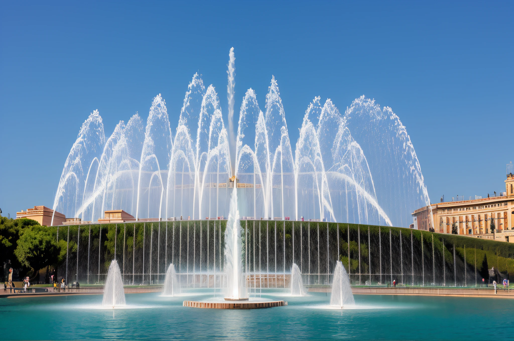 The Montjuit fountain, Barcelona. The Magic Fountain is a spectacular and very popular fountain that stands out for its water, sound and light games. In this large fountain, 2,600 liters of water flow per second in three concentric ponds, with a water recirculation system.