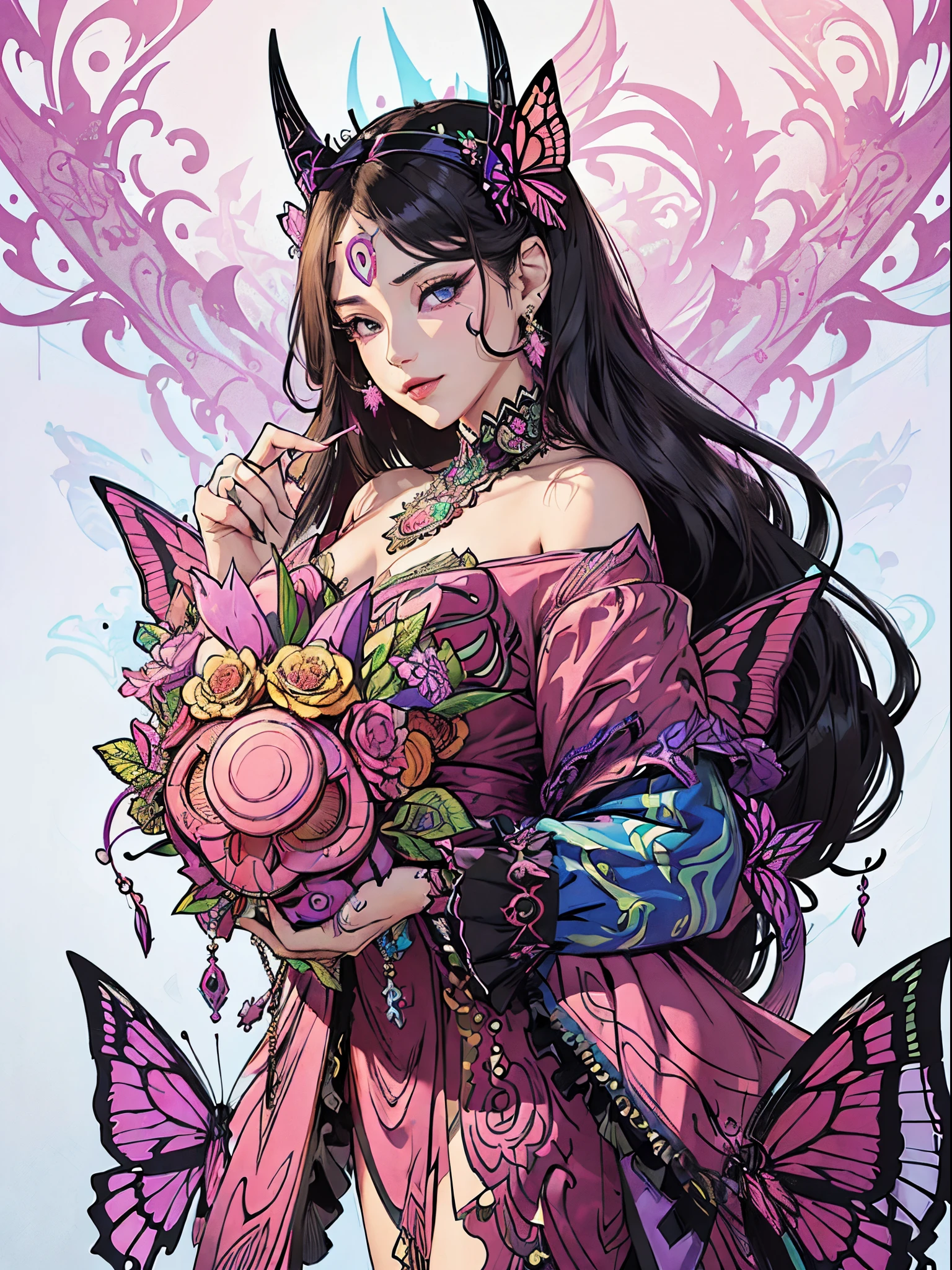Butterfly motif、Magenta undertone、Vibrant colors、((masterpiece)))、(((top-quality)))、((ultra-detailliert))、(A hyper-realistic)、(highly detailed CGillustration)、Official art、Bologna at the beginning of the 20th century、Decadent、Madame Papillon、Cool Beauty、Masquerade、refinement、Elegance、Gorgeous、Masks that cover most of the face、Colorful and detailed mask design、matchless beauty、Fans、gorgeous dress、jewely、Female Solo、Perfect Angle、perfect-composition、full body Esbian