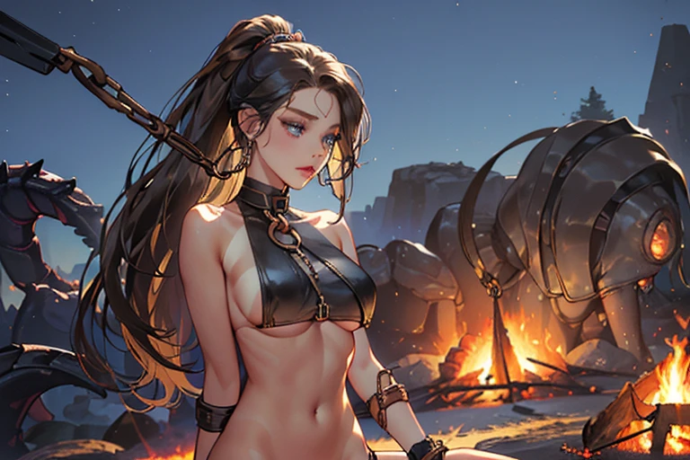 1girl,a beautiful fashion model ,(masterpiece, official art, best quality) (blue eyes) ,long and shiny hair, black hair, long ponytail, hair strand between eyes, full lips, upturned nose ((((tan skin, bronze skin, 1.3)))), big boobs, stripping, elegant makeup, exhibitionism, naked in public, akali, slim thighs, toned body, shiny skin, sexy pose, blue eyes,(( (slender, skinny, slim))), gold hoop earrings, pink eyeshadow, cute face, grope, (((((girl chained to post in front of campfire, helpless, girl is surrounded by monsters, monster sex, girl being penetrated by monster))))