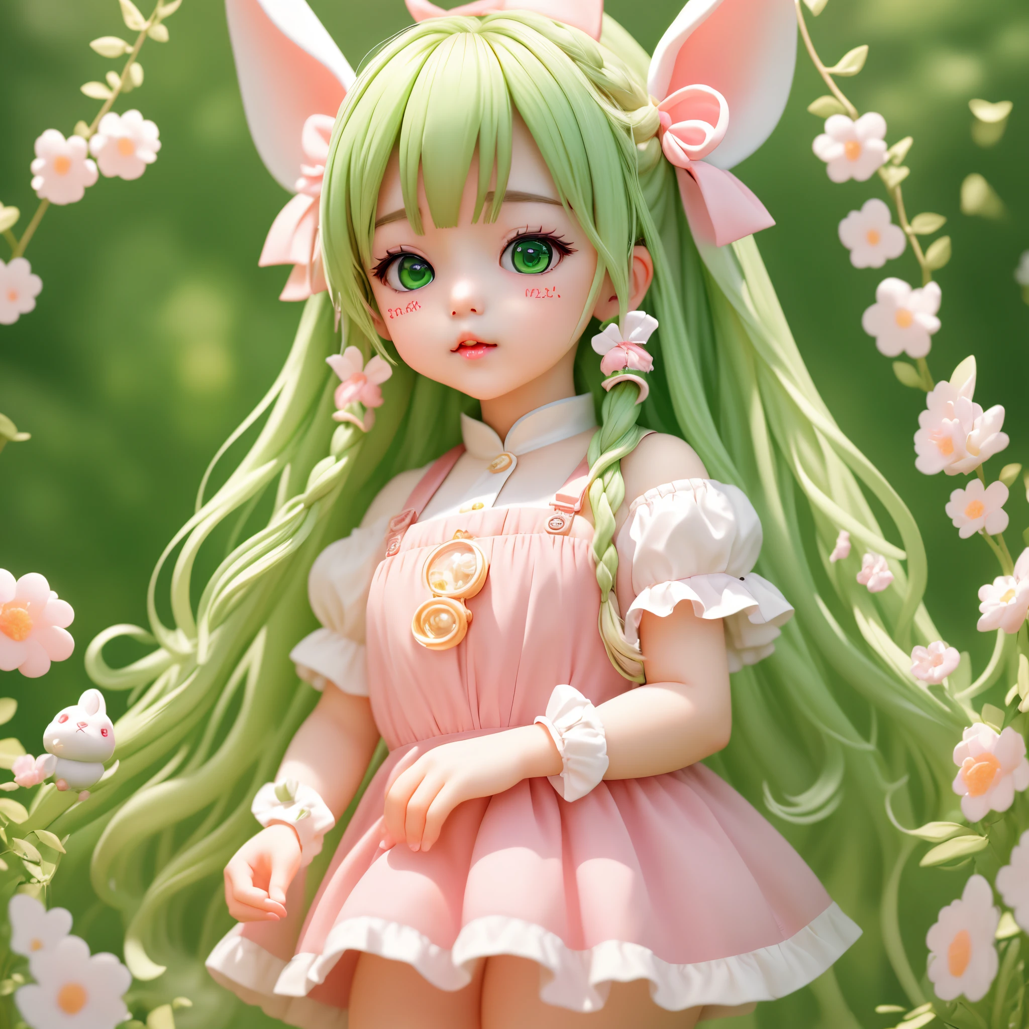 (Highly detailed CG Unity 8K wallpapers、​masterpiece、top-quality、ultra-detailliert)、(The best lighting、Best Shadows、extremely delicate and beautiful)、floating、Indoor background
	
[Rabbit lop-eared、Braid tail hair(pink there)、Plump lips、Dark green clothes、Playing with toys、、drooing eyes、Green eyes with drooping corners of the eyes、Kissing lips、Overall)::0.8]