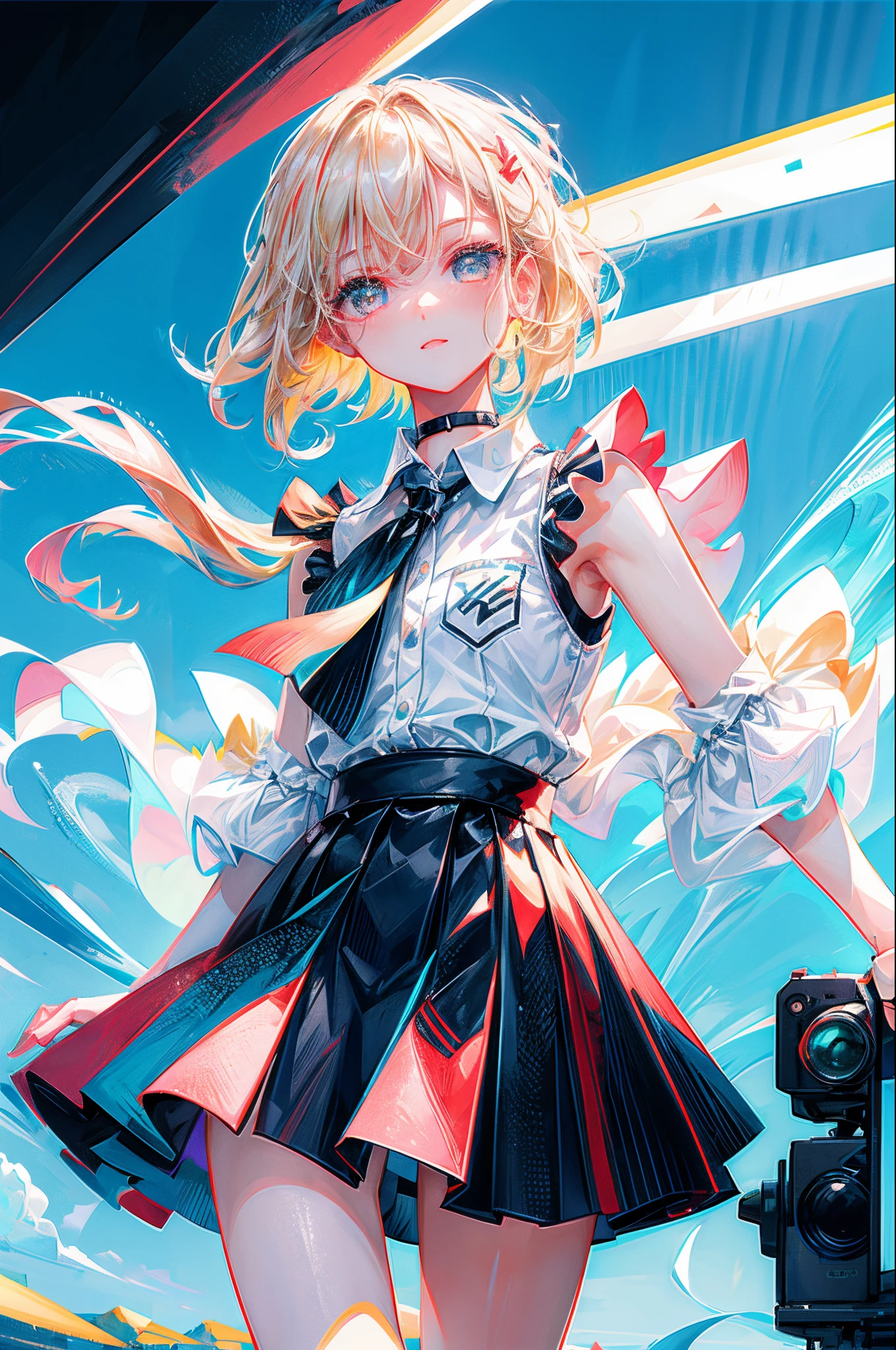 Top quality, ultra high resolution, (photorealistic: 1.4), one woman, sleeveless white button shirt, black skirt, black choker, cute, (Kpop Idol), (charming: 1), (platinum blonde hair: 1), (puffy eyes)), looking at the viewer, the whole body, facing forward