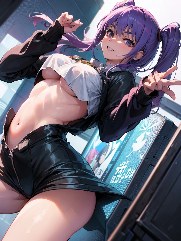 rinko,ponytail,mature female,large breasts, see through nipples,messy hair style,wavy long hair,blue hair, hair between eyes, purple eyes,(grid girl, crop top, ultra miniskirt, bare shoulders) ,(sweat gleaming skin:1.1), (stadium background),outdoors,sunlight, spotlight effect,bright sky, blue sky with clouds,strong wind,(highres, high quality:1.1), intricate details, cinematic lighting, 1girl,(red blush,embarrassed from),(Necklace, bracelet),(Remote Play:1.2), (remote_vibrating:1.2), ((Hand holding a button at the bottom left of the screen:1.3))、dynamic pose